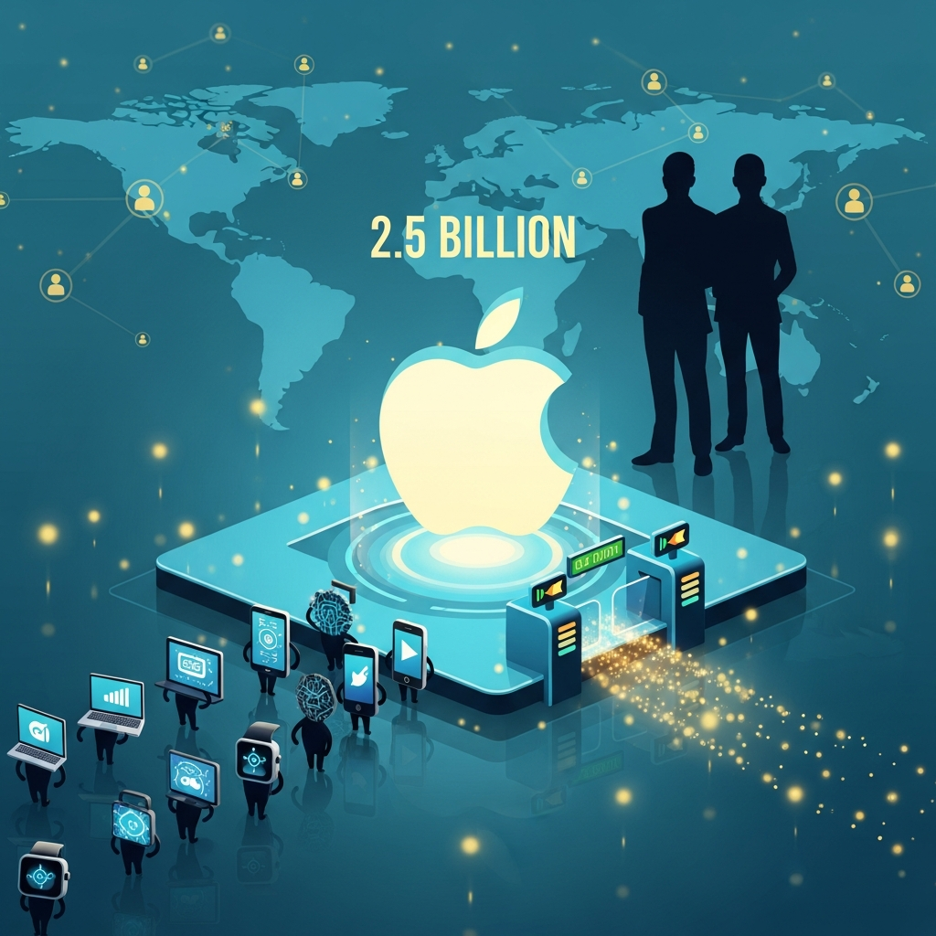 AI Generated Image - Apple logo visualized as a massive central digital distribution platform hub, with AI agent icons representing laptop, iPhone, and smartwatch passing orderly through a shimmering payment checkpoint gate. Background displays the figure '2.5 BILLION' with global user connection network dots, and silhouettes of Tim Cook and John Ternus representing the CEO succession to the right.