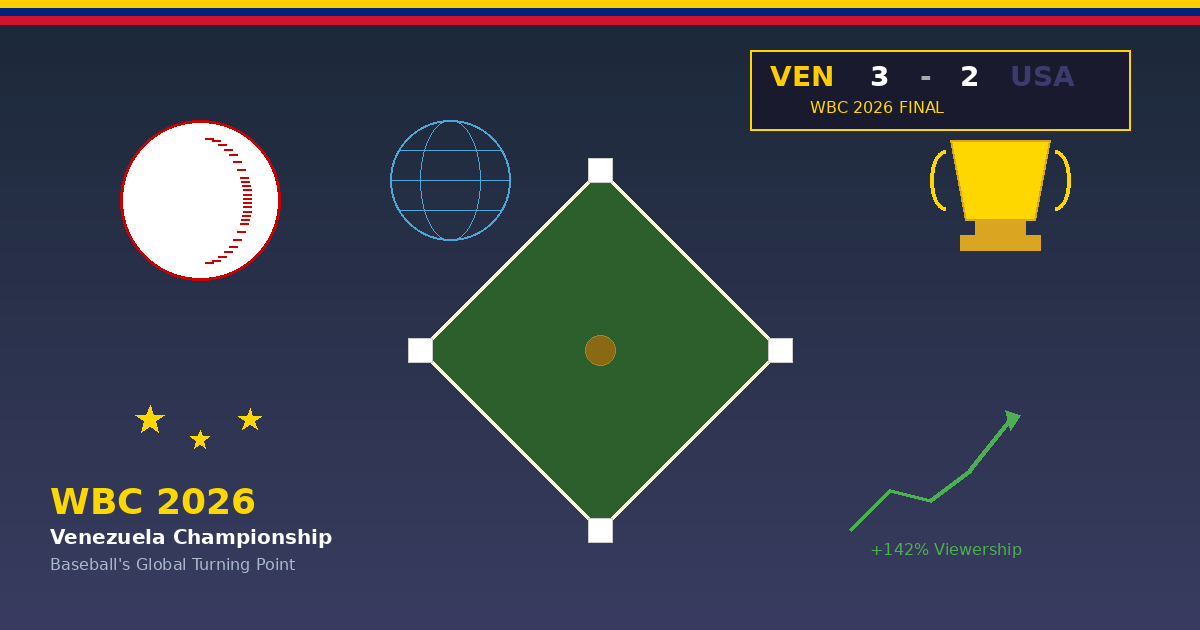 AI Generated Image - WBC 2026 Venezuela Championship infographic showing scoreboard VEN 3-2 USA with baseball diamond, trophy, and viewership growth