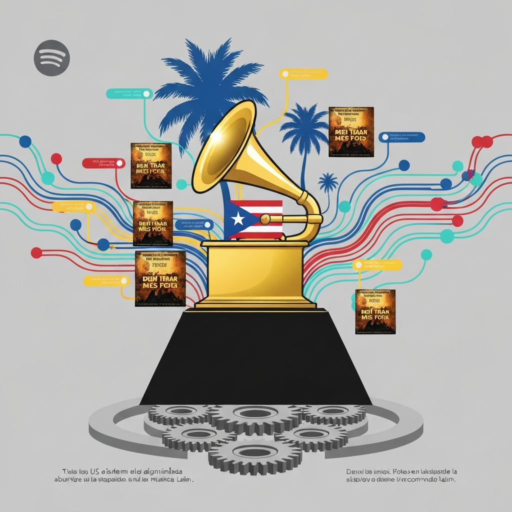 AI Generated Image — A golden Grammy trophy at center surrounded by flowing colorful Spotify algorithm data streams, with Puerto Rican palmera palm tree symbols in blue, Bad Bunny album cover motifs, and mechanical corporate gears at the base symbolizing US capital absorption, rendered as editorial infographic illustration.