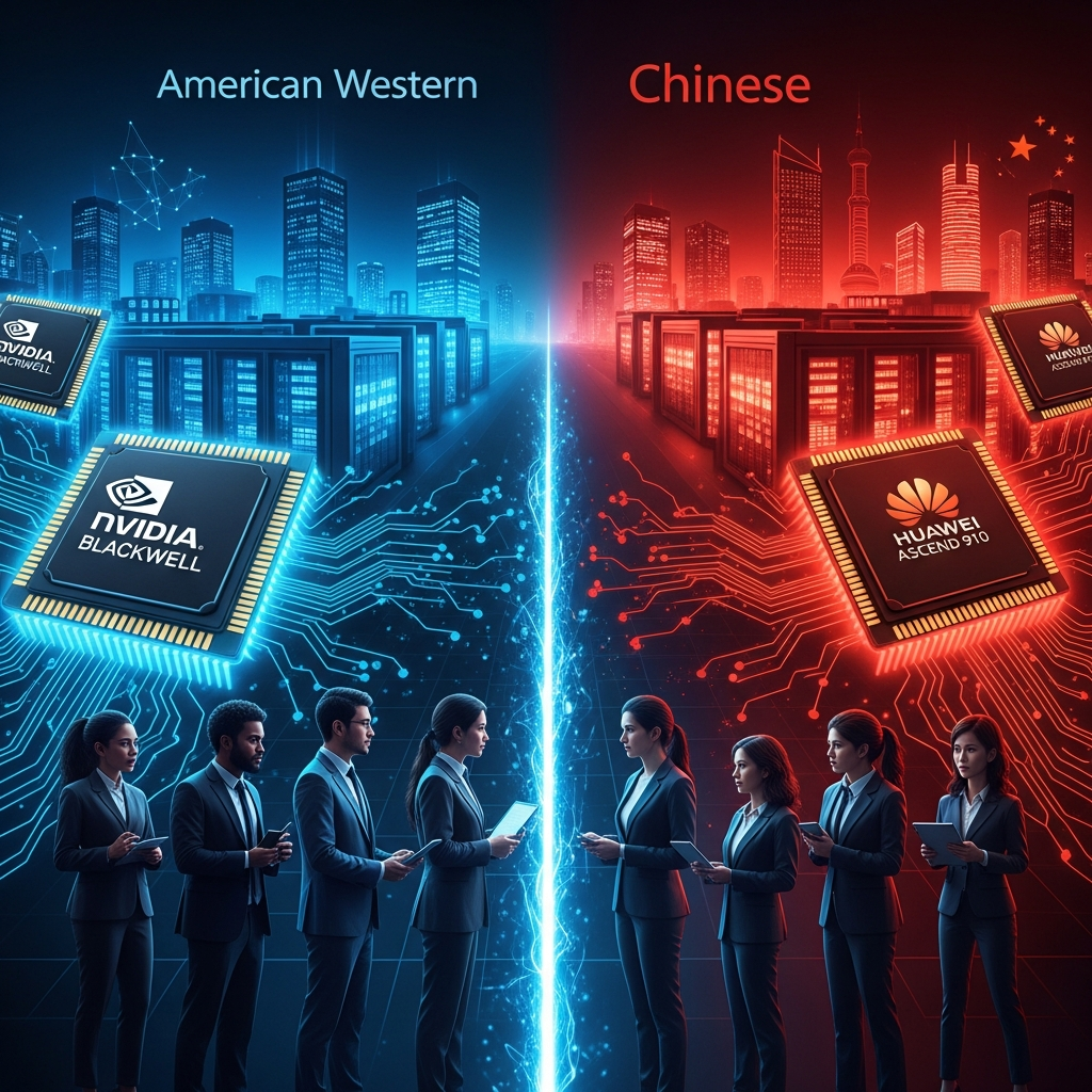 AI 생성 이미지 - 좌측 파란색 미국/서방 데이터센터에 NVIDIA Blackwell 칩이 배치되고, 우측 빨간색 중국 데이터센터에 화웨이 Ascend 칩이 배치된 모습. 중앙의 발광하는 기술 장벽이 두 진영을 구분하며, 양쪽 엔지니어들이 서로를 바라보고 있고, 글로벌 네트워크 연결선이 끊어지는 장면.