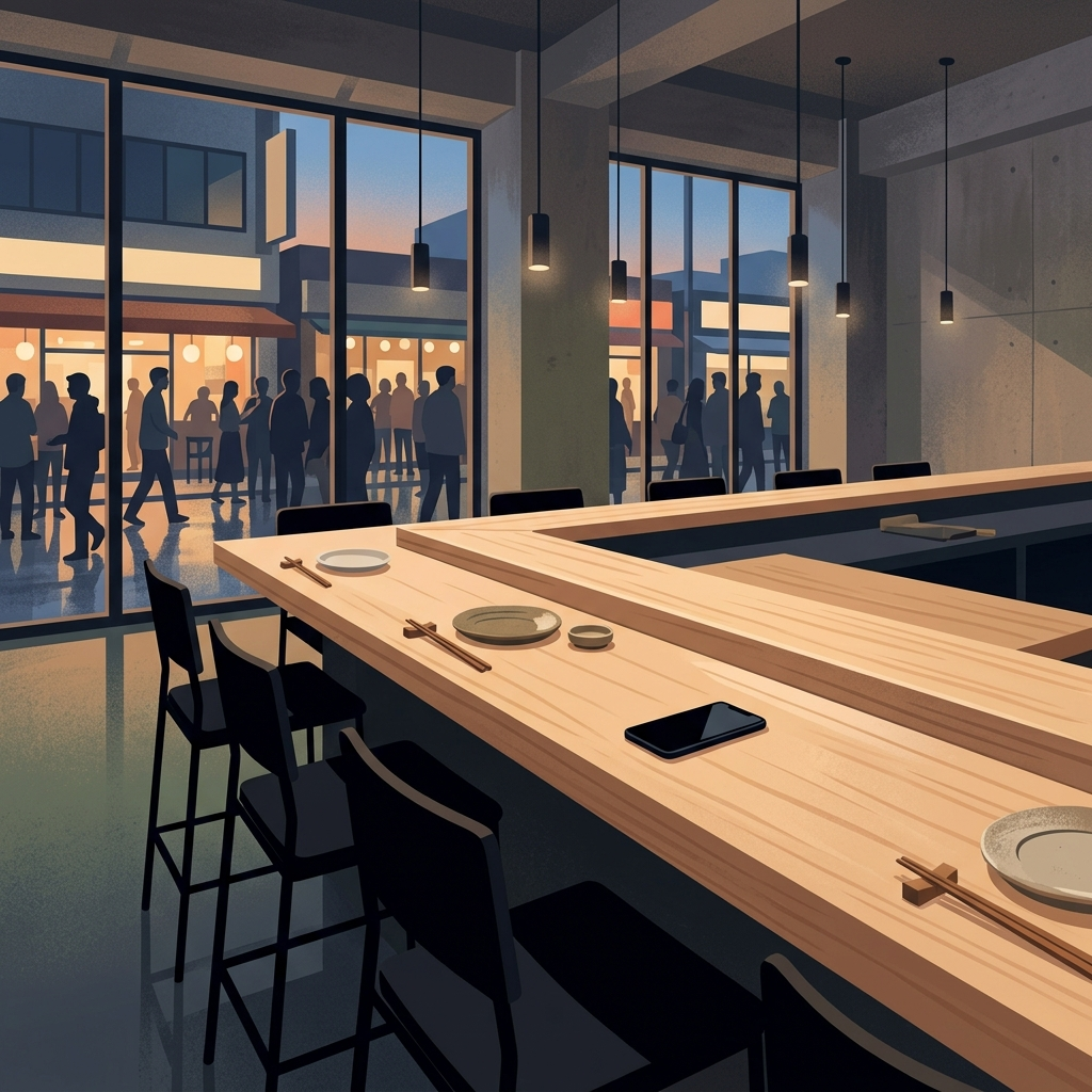 AI Generated Image - Empty light-wood sushi counter with black chairs, smartphone on surface, silhouettes of diners in busy casual restaurant visible through window