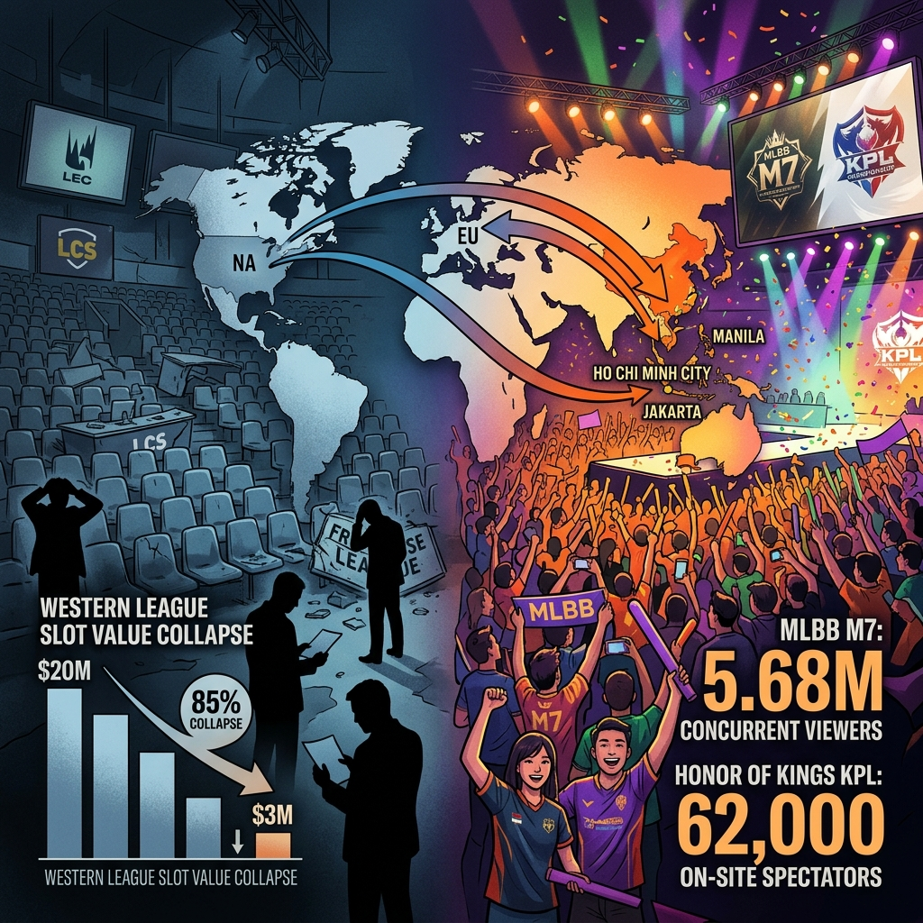 AI Generated Image - Editorial infographic showing stark contrast between an abandoned Western PC esports arena on the left and a vibrant Southeast Asian mobile esports stadium packed with spectators on the right. A world map with arrows flows from North America and Europe toward Jakarta, Manila, and Ho Chi Minh City, illustrating the power shift. Specific data visualizations include 5.68 million concurrent viewers, 62,000 on-site spectators, and franchise slot value collapse chart showing 85% decline.