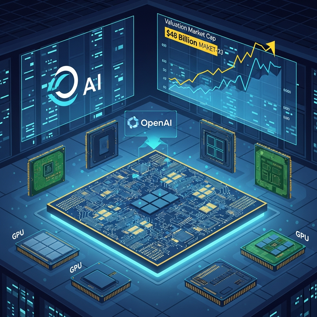 AI Generated Image - Digital illustration of a massive Cerebras WSE-3 chip positioned centrally in an AI data center, competing with surrounding smaller GPU processors. OpenAI partnership symbolism and $48 billion market cap valuation charts are displayed in the background.