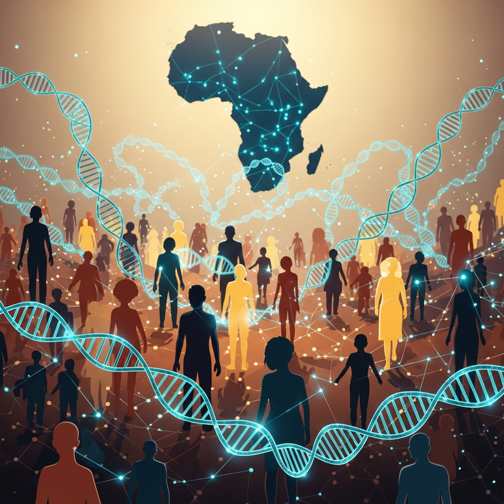 AI Generated Image - Human silhouettes in diverse skin tones interconnected by glowing DNA double helices forming a massive genetic network landscape, with the African continent displayed as stars in the background in a modern science museum exhibition infographic editorial illustration style.