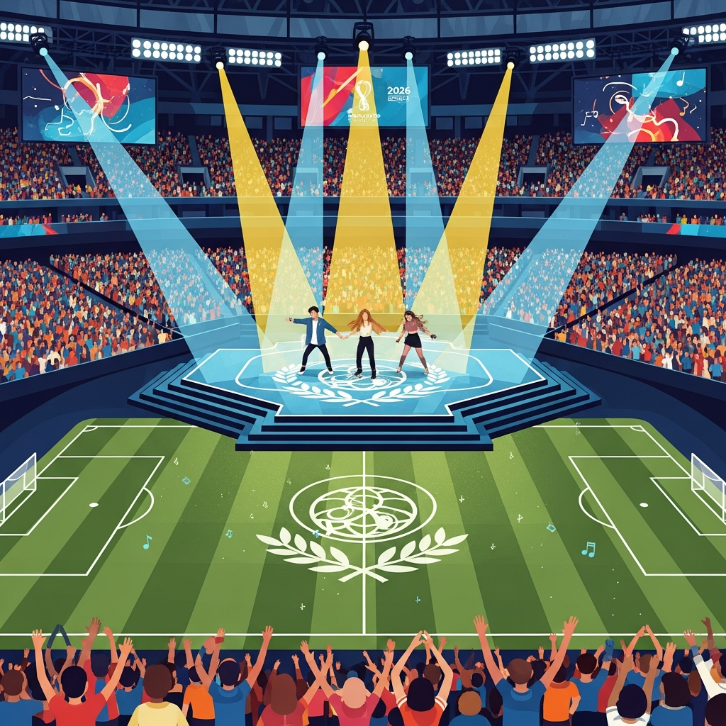 AI Generated Image - BTS, Shakira, and Madonna performing on the halftime stage at MetLife Stadium during the 2026 FIFA World Cup final, with soccer field visible below illuminated by dynamic stage lights. The editorial illustration captures the global audience celebration and symbolizes the fusion of sports and entertainment.