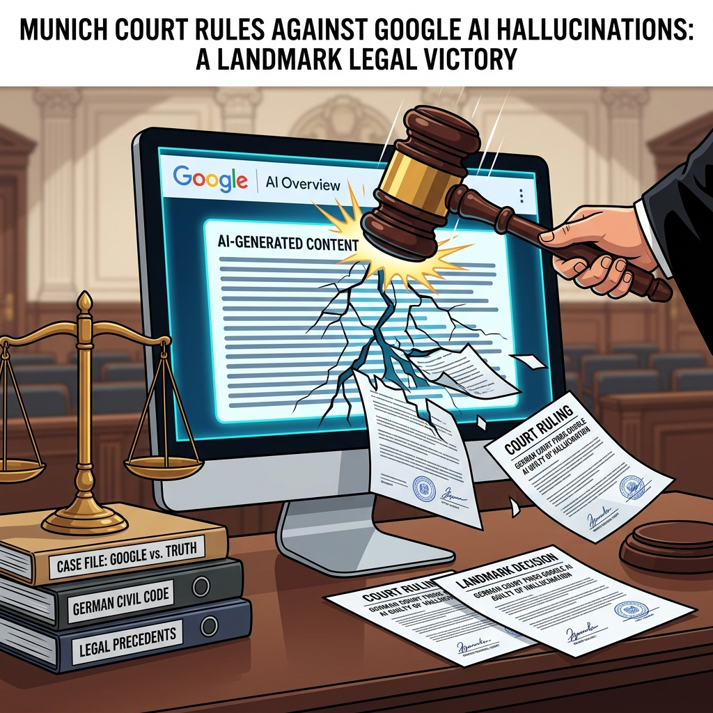 AI Generated Image - A judge's gavel from Munich Regional Court striking down against a Google AI Overview search interface. Scales of justice and legal documents are visible on the courtroom desk, depicting the transformation of AI-generated content into legal documents.