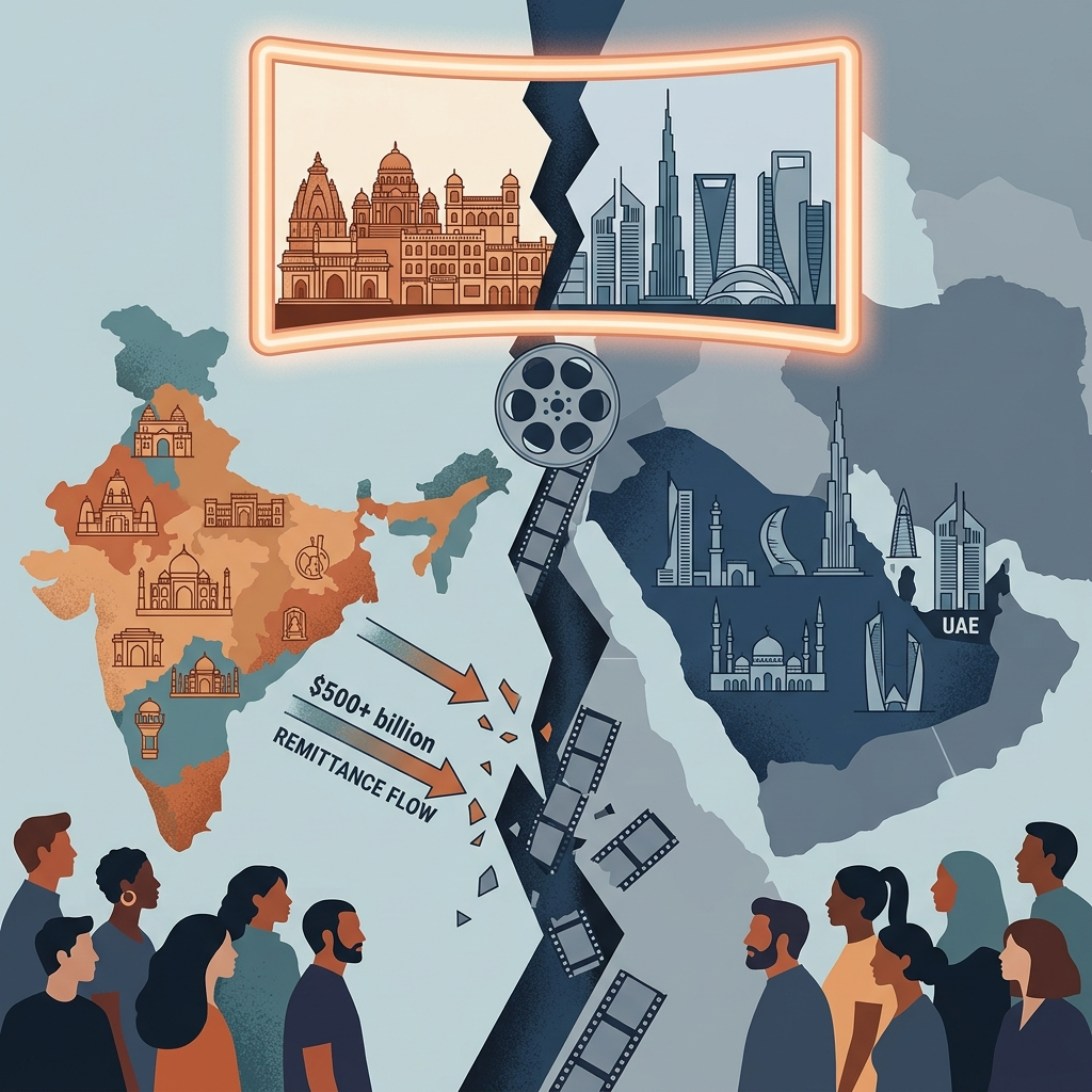 AI Generated Image — A jagged central crack divides India (left, orange map with Indian architecture) from the Gulf region (right, blue map with Islamic and modern architecture). A glowing movie screen frame at the top contrasts both skylines, with a cinema film strip broken along the central divide. Silhouettes of diverse people from both regions turn away from each other at the bottom, while the central arrows labeled REMITTANCE FLOW are severed across the split.