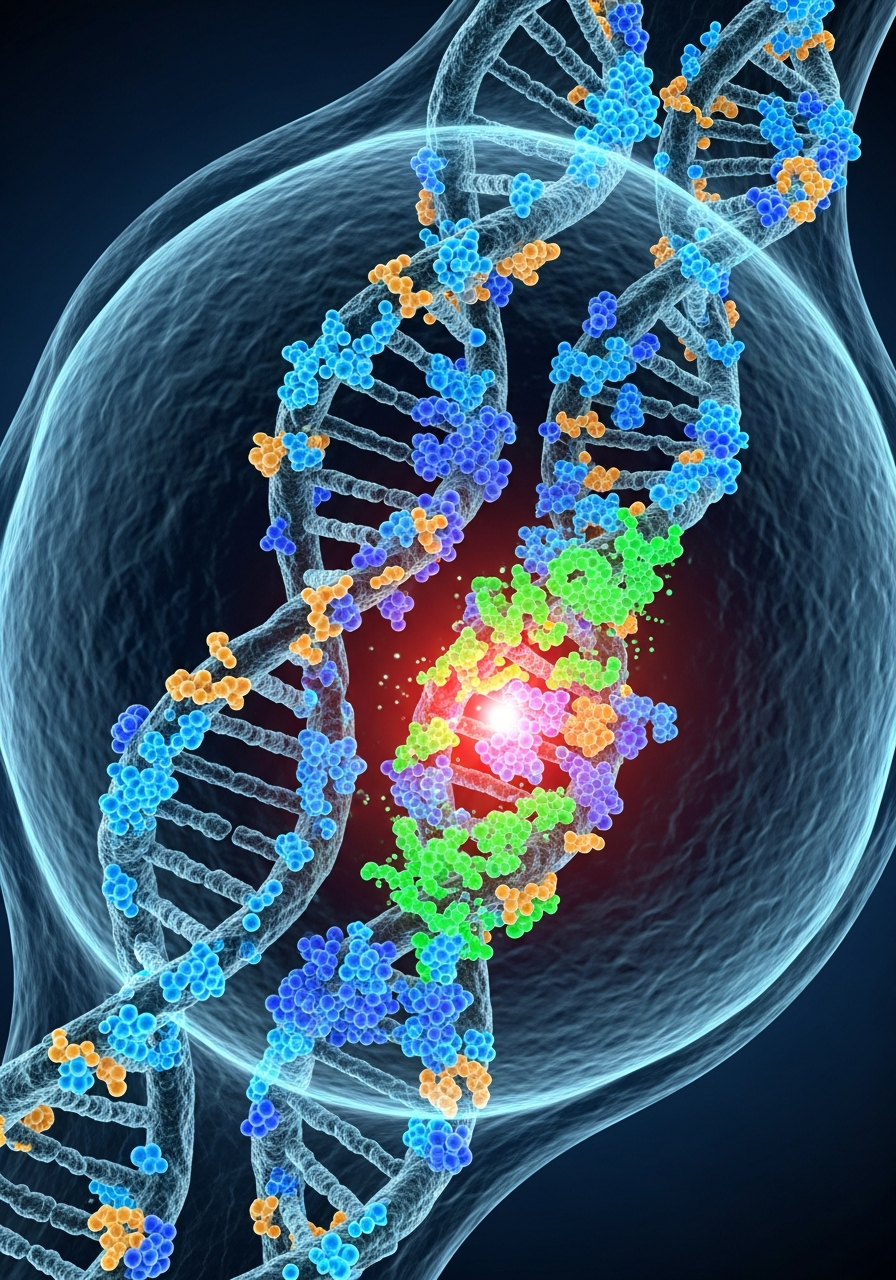 (AI-generated images) Visualization of nuclear metabolic fingerprint showing metabolic enzymes attached to DNA chromatin