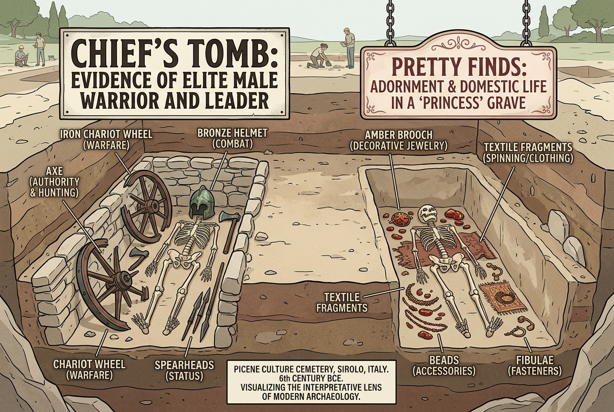AI Generated Image - Side-by-side cross-section of Picene tombs from Sirolo, Italy, with gender-biased labels: left labeled 'Chief's Tomb' containing chariot wheel, bronze helmet, and axe