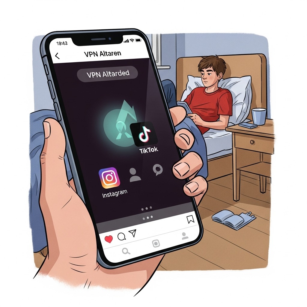 AI 생성 이미지 - 청소년이 침실에 누워 스마트폰을 들고 있으며, 화면에 VPN activated 메시지와 함께 인스타그램과 틱톡 앱 아이콘이 표시되어 있다. 이는 호주의 소셜미디어 금지법을 우회하는 청소년의 모습을 일러스트레이션으로 표현한 것이다.