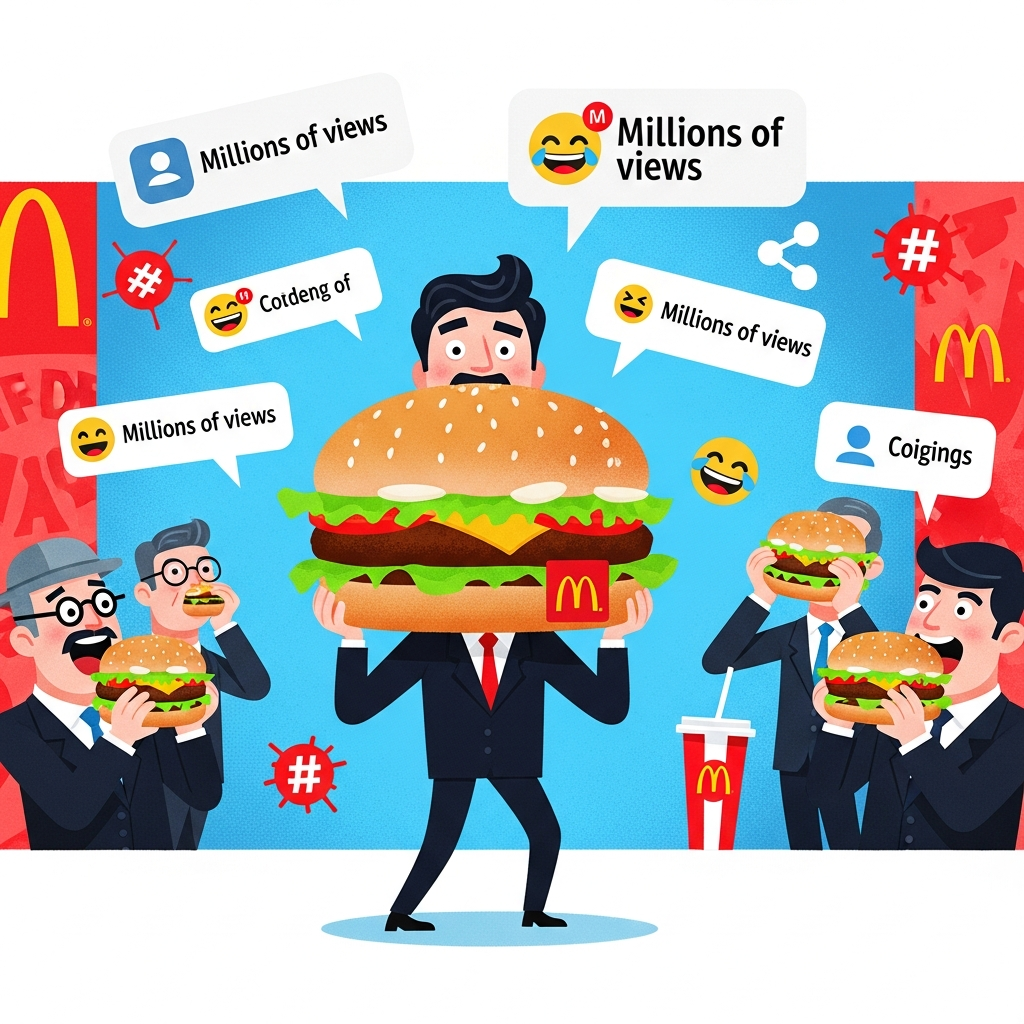 AI Generated Image - McDonald's Big Arch meme marketing illustration showing CEO awkwardly tasting a burger surrounded by social media reactions and competitor parodies