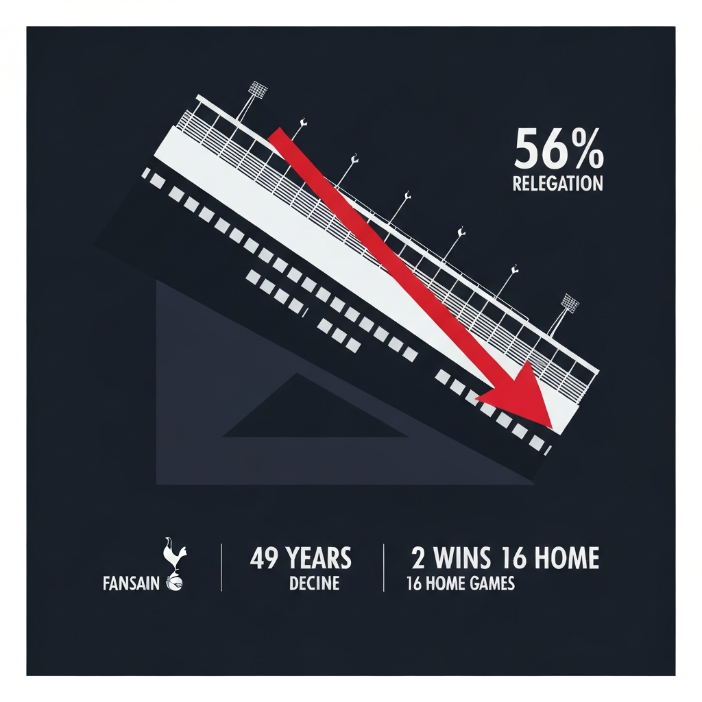 AI Generated Image - Tottenham Hotspur stadium silhouette tilting downward with red descent arrow, showing 56% relegation probability, 49-year decline period, and 2 wins from 16 home games in editorial infographic style