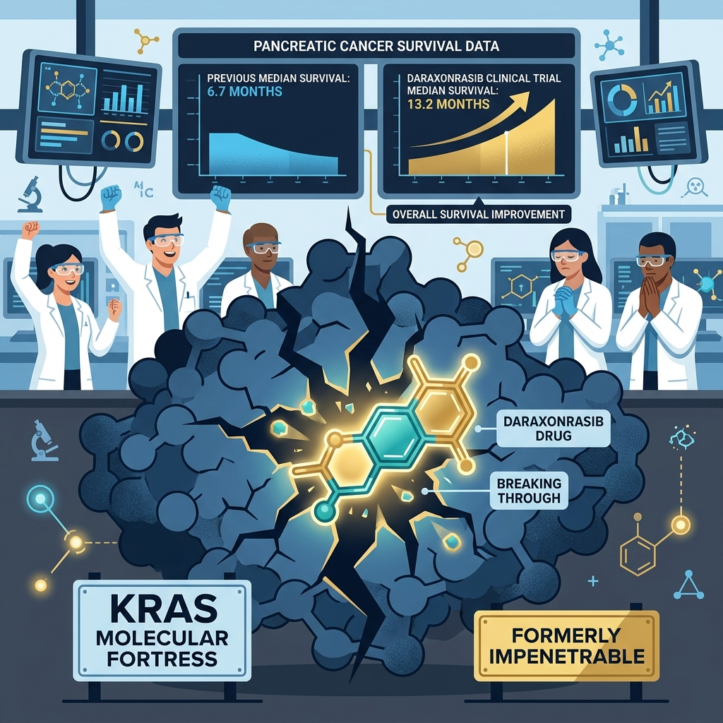 AI Generated Image - A radiant crack breaking through the center of a massive blue KRAS molecular fortress with a glowing Daraxonrasib drug molecule piercing through the barrier