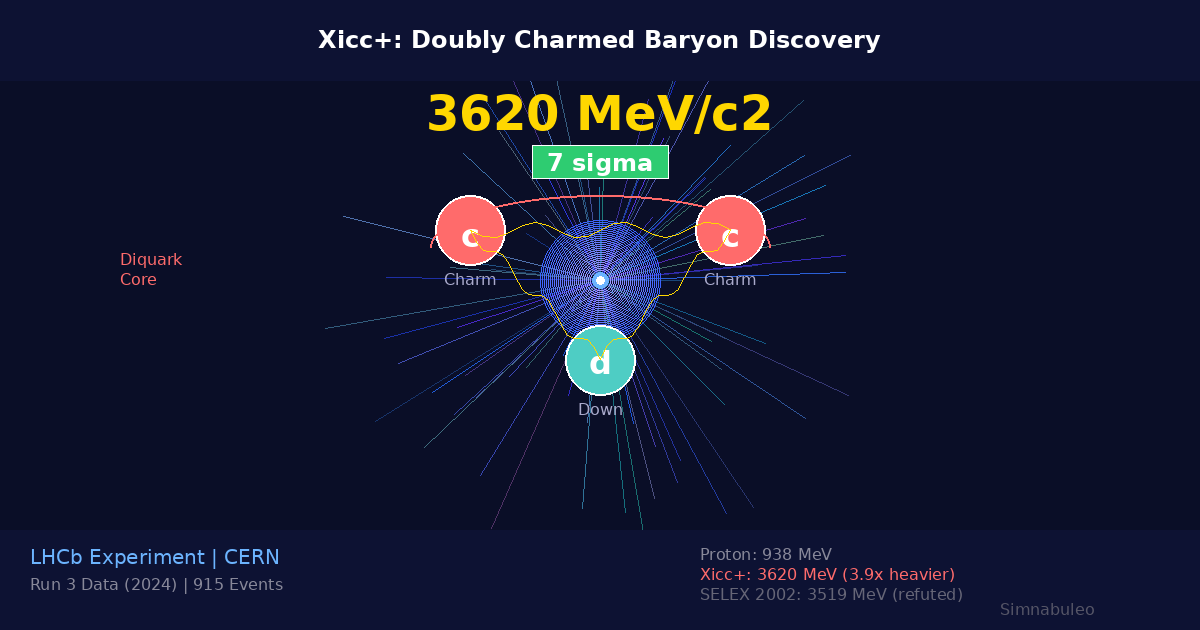 (AI-generated images) CERN LHCb Doubly Charmed Baryon Xicc+ Discovery Infographic - 3620 MeV mass, 7-sigma significance, charm-charm-down quark structure