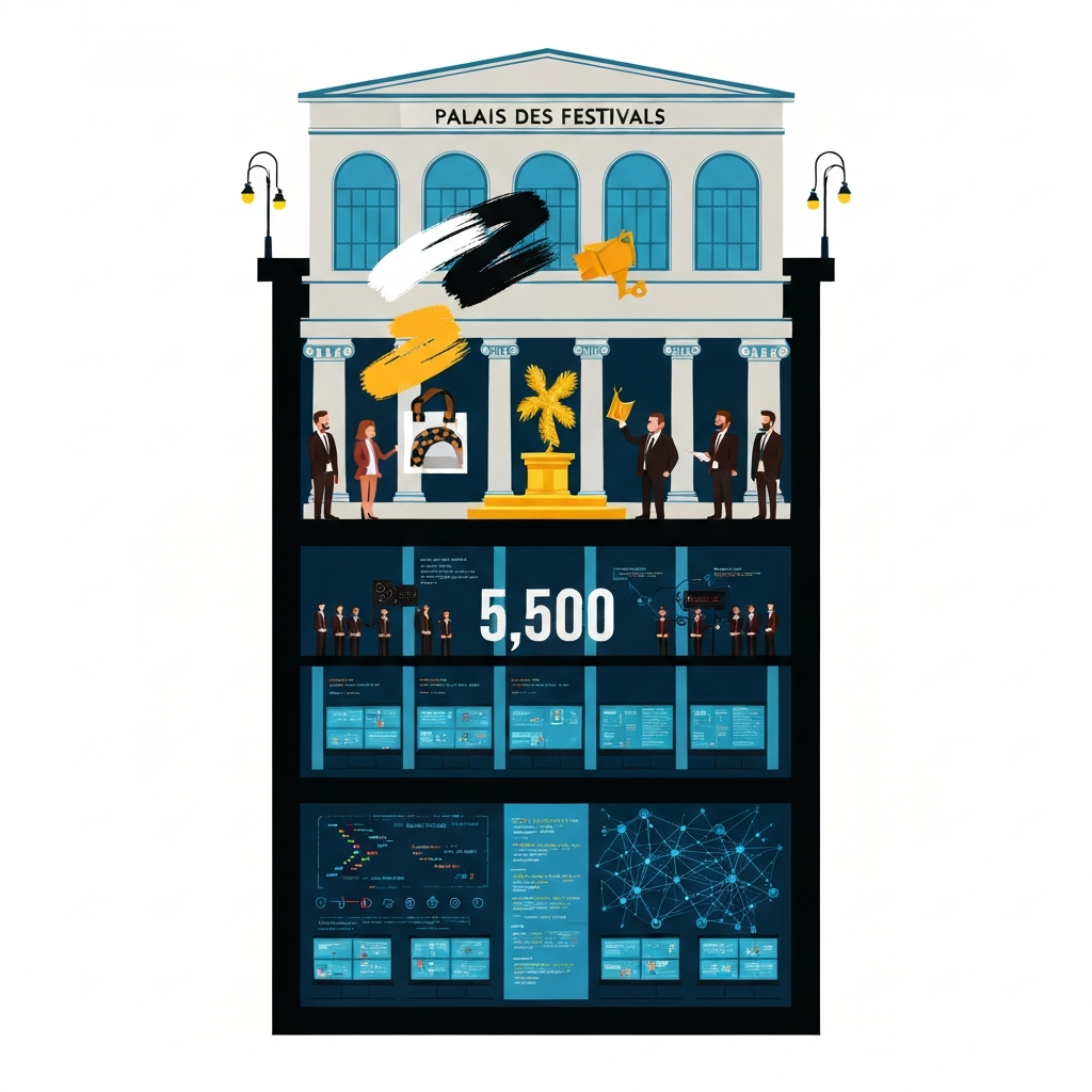 AI Generated Image - A vertical cross-section illustration of Palais des Festivals building showing the upper floor with human filmmakers and a golden film award ceremony, and the lower floor displaying 5,500 AI-generated films on digital screens with code visualizations. This editorial infographic captures the paradoxical coexistence of traditional cinema and AI-generated content.