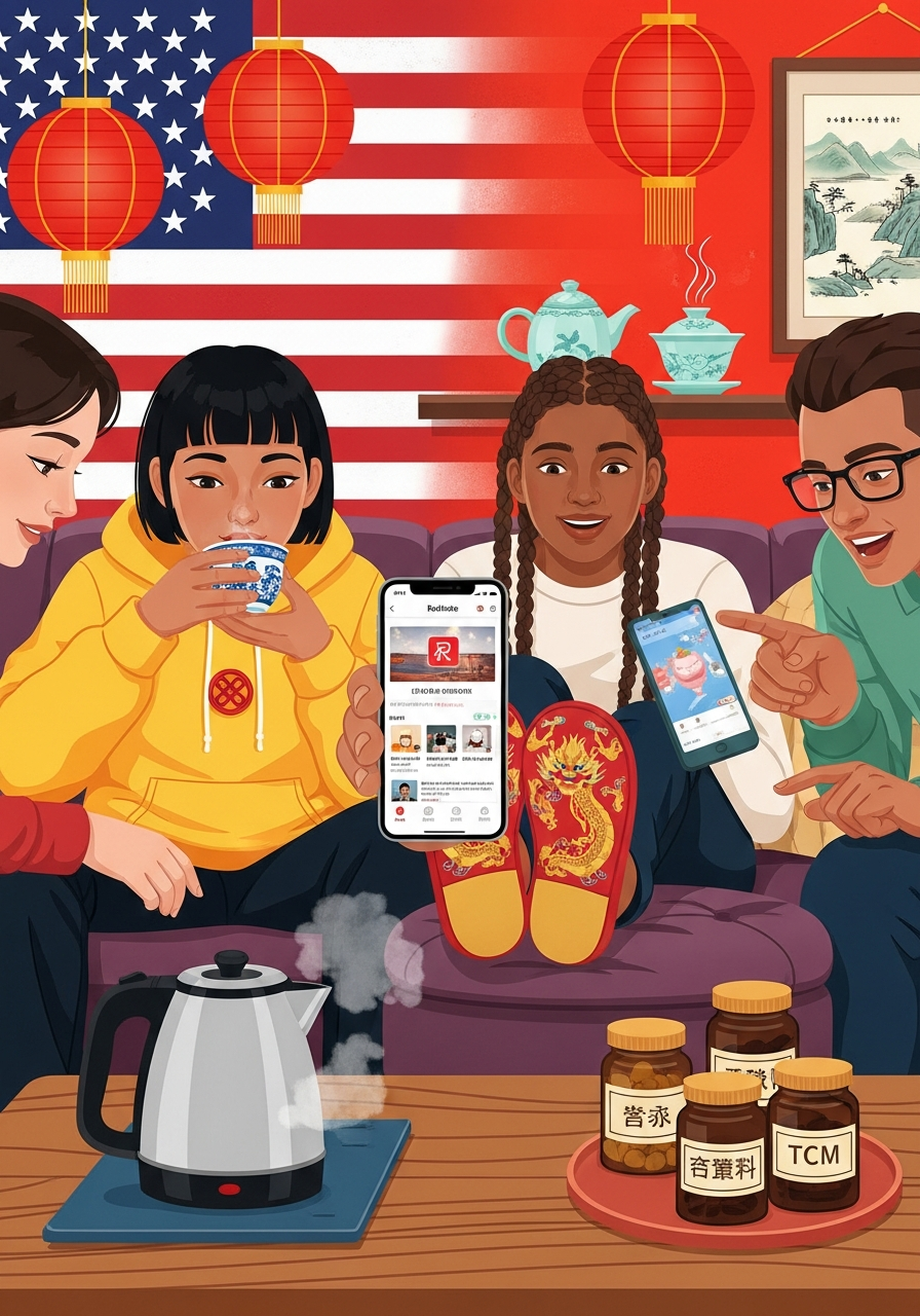 AI Generated Image - American Gen Z embracing Chinese cultural habits with hot water tea cups slippers and RedNote app