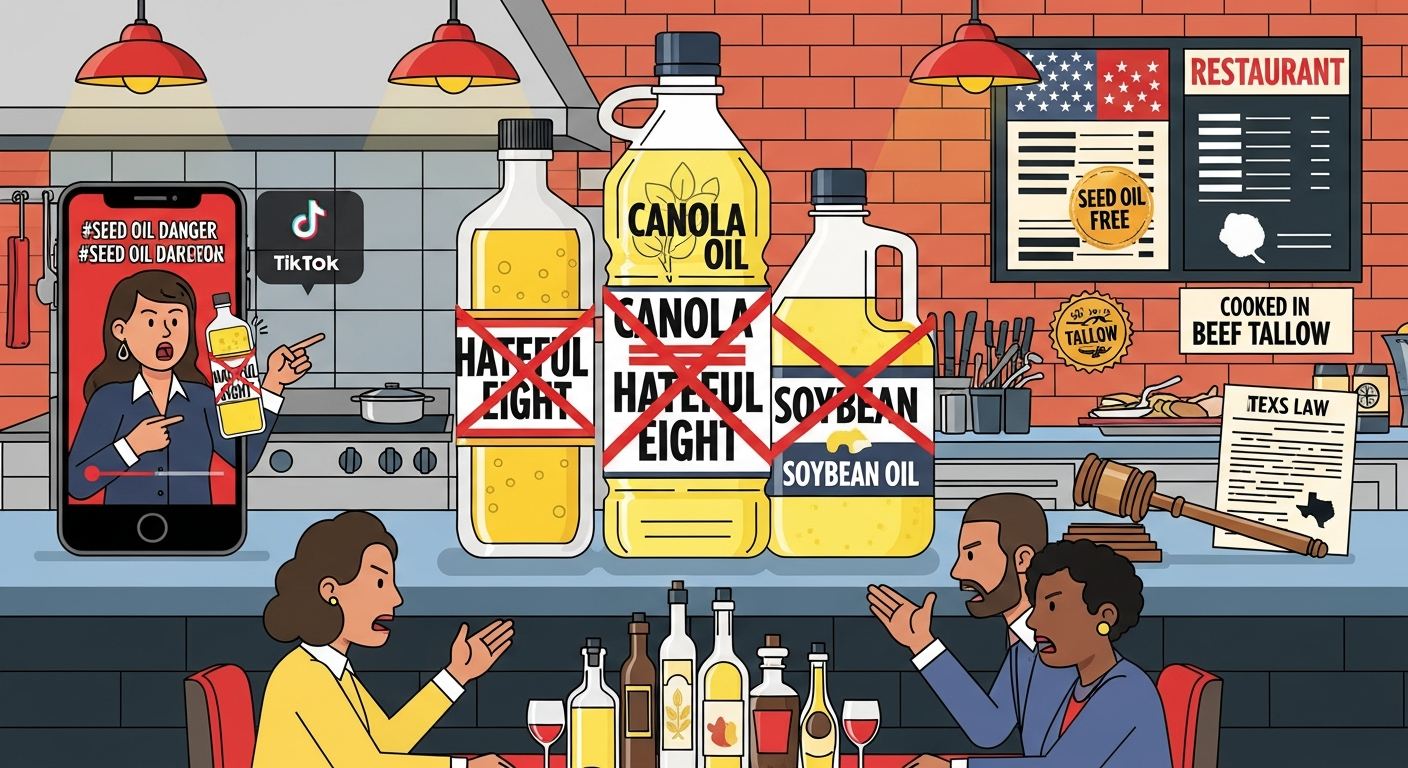 AI Generated Image - Seed oil war debate scene with TikTok memes turning into state laws and restaurant menu changes