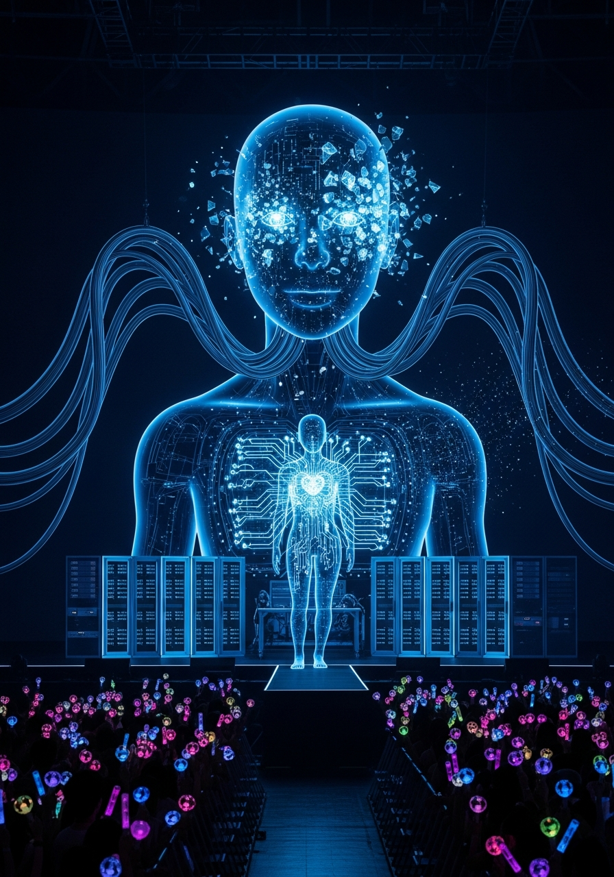 AI 생성 이미지 - K-pop AI 로봇 아이돌이 거대한 미래형 콘서트 무대 위에서 공연하는 모습, 반투명한 몸체에 회로 패턴이 드러나고, 무대 뒤편에 서버와 데이터 케이블이 연결되어 있으며, 관객들이 혼재된 반응을 보이는 장면