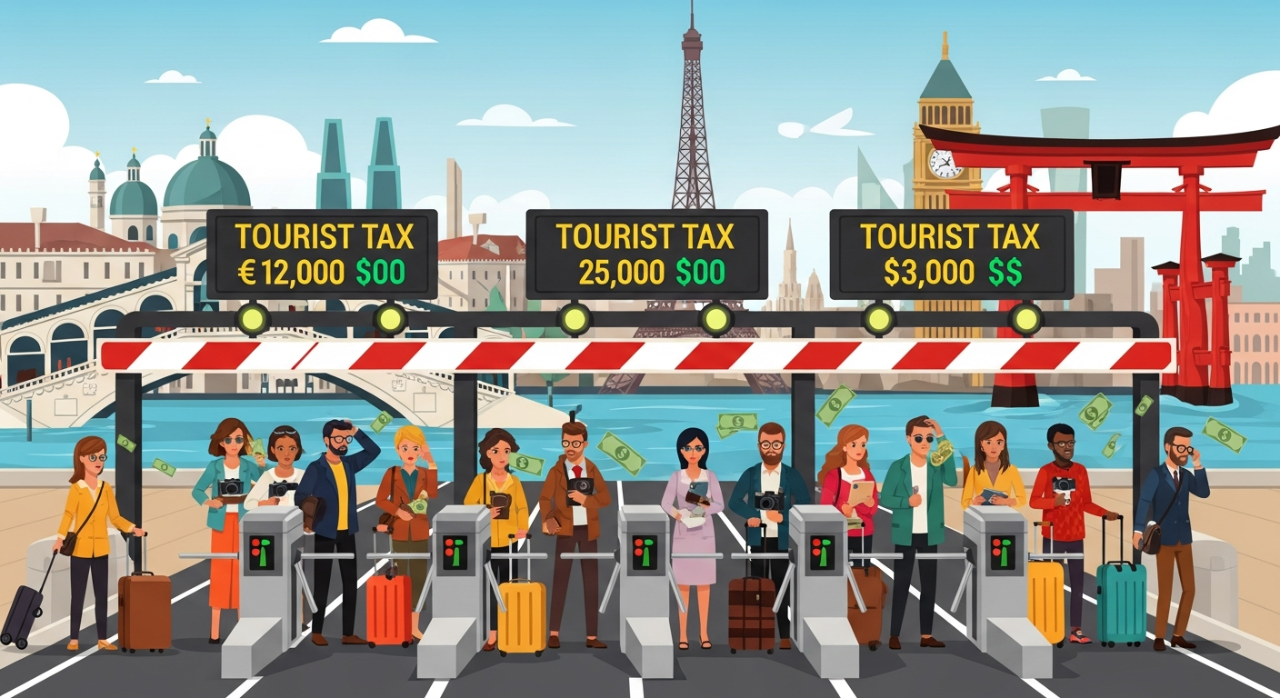AI Generated Image - Global tourist landmarks with toll gate barriers and TOURIST TAX signs, tourists lining up with luggage
