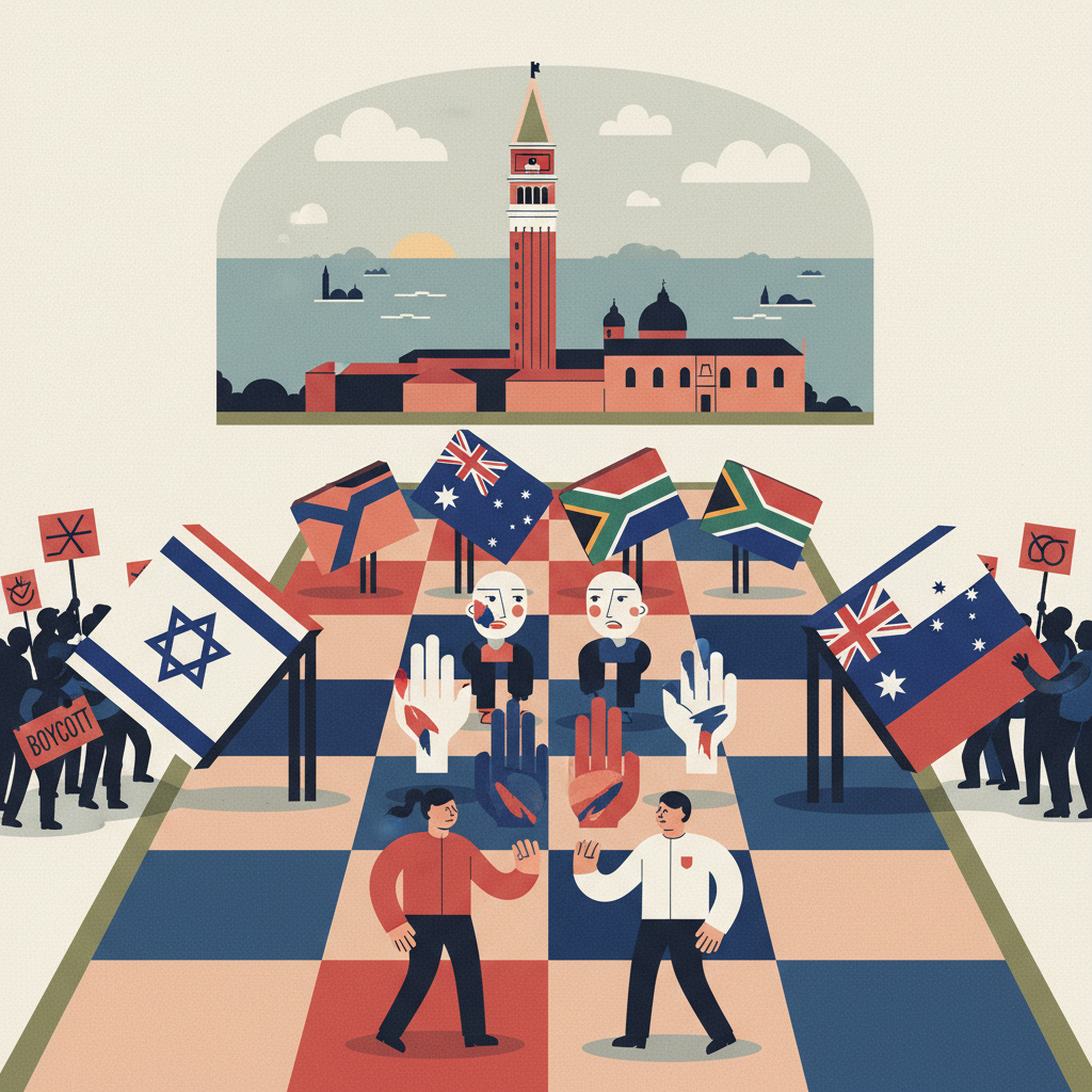 AI Generated Image - 2026 Venice Biennale national pavilions as geopolitical chess board with Israeli Russian Australian and South African flags