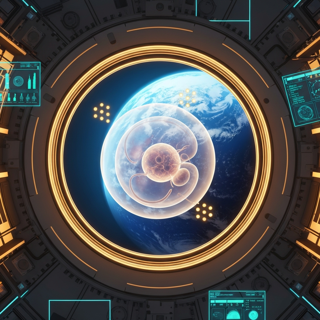 AI 생성 이미지 — 중국 천저우-10 미션의 Tiangong 우주정거장 내부 마이크로중력 챔버에서 부유하는 반투명 인공 배아 모델의 모습. 원형 창문 너머 푸른 지구가 보이고, LED 표시등과 과학 데이터 디스플레이가 발달 상황을 모니터링하고 있다.