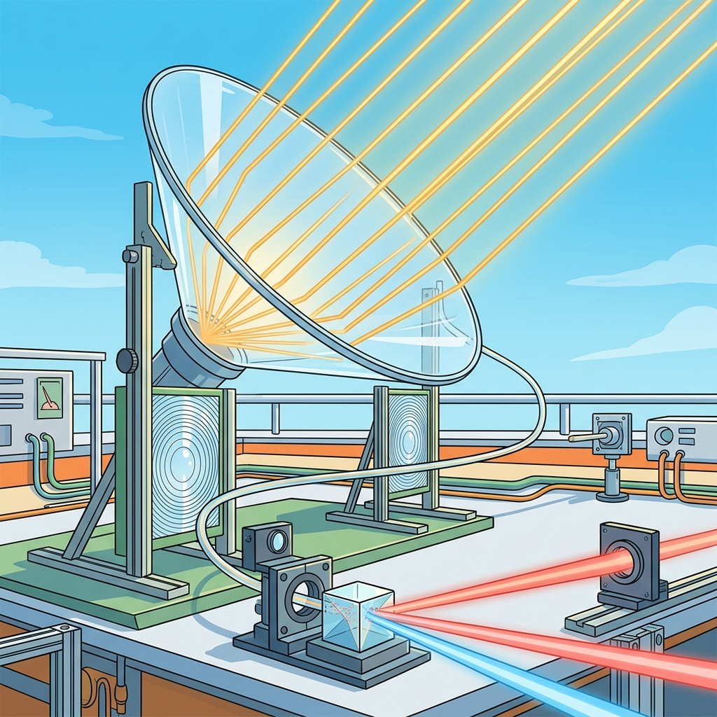 AI Generated Image - A rooftop laboratory experimental apparatus where sunlight converges through a conical glass collector, travels via optical fiber, and splits into red and blue entangled photon pairs within a crystalline structure