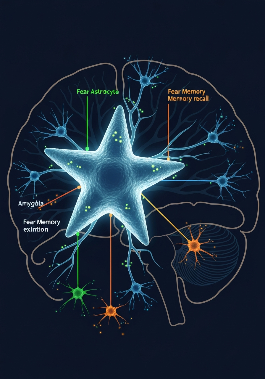 AI Generated Image - Digital illustration of a star-shaped astrocyte cell at the center of the brain's amygdala, controlling three signal pathways for fear memory formation, recall, and extinction across a neuron network