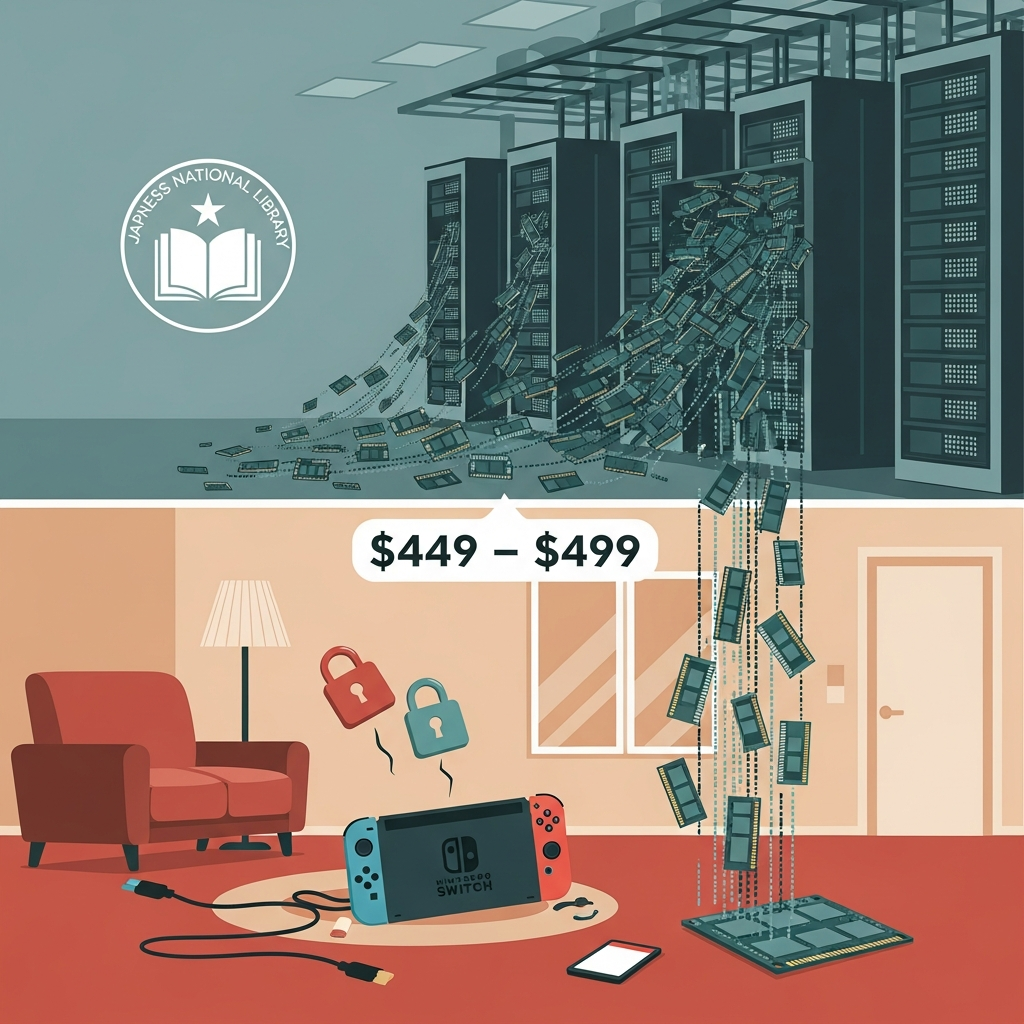 AI Generated Image - An editorial infographic illustration showing a Nintendo Switch 2 console and game key cards being drained of DRAM memory chips by AI data center server towers above. Price increase arrows showing $449 to $499, broken padlock icons, and a Japanese National Library symbol in the background symbolize ownership loss and game preservation crisis.