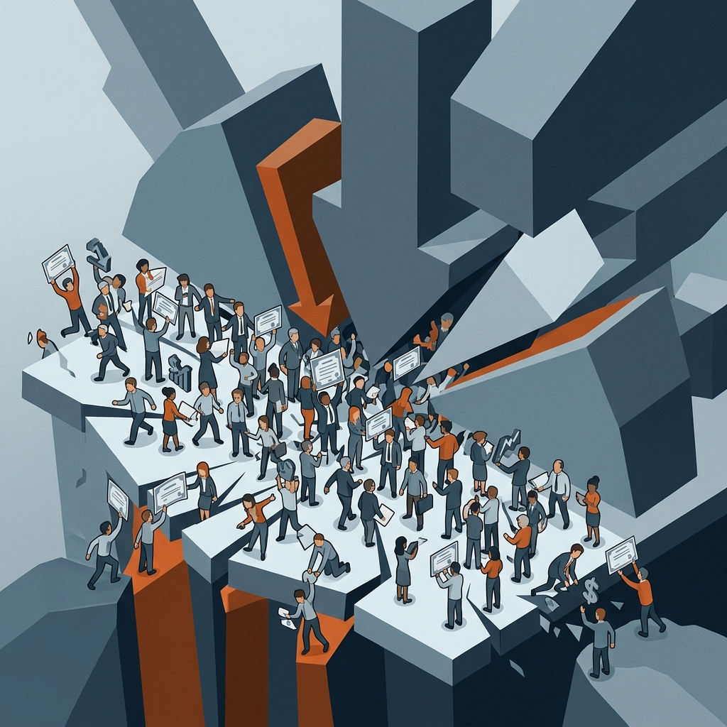 AI Generated Image - An isometric 3D infographic-style digital illustration showing diverse small retail investor figures holding generic equity certificate shapes on a white platform, being compressed and pushed toward edges by large abstract geometric wedge and pressure forms in blue and gray descending from above.