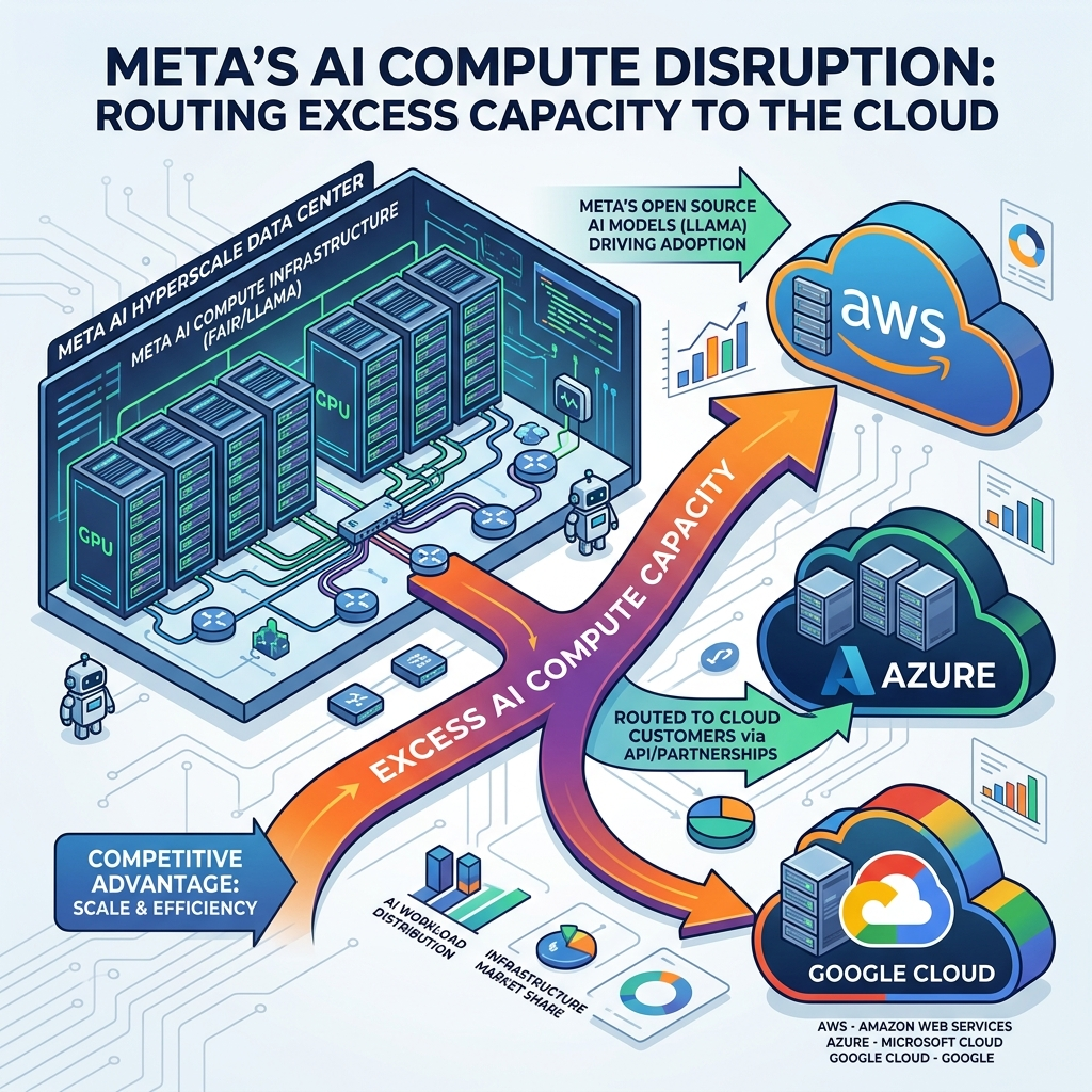 AI Generated Image - Meta's massive AI hyperscale data center with rows of GPU server racks and networking infrastructure, showing excess AI compute capacity being routed via gradient arrows to AWS, Azure, and Google Cloud in a competitive cloud market visualization editorial infographic