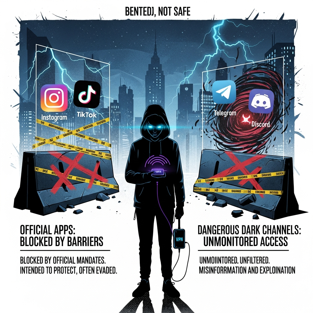 AI Generated Image - A teenager stands at the center with official social media platforms (Instagram, TikTok) blocked by barriers on the left side, while dangerous unregulated dark channels (Telegram, Discord) pull toward the right with warning symbols against a city skyline
