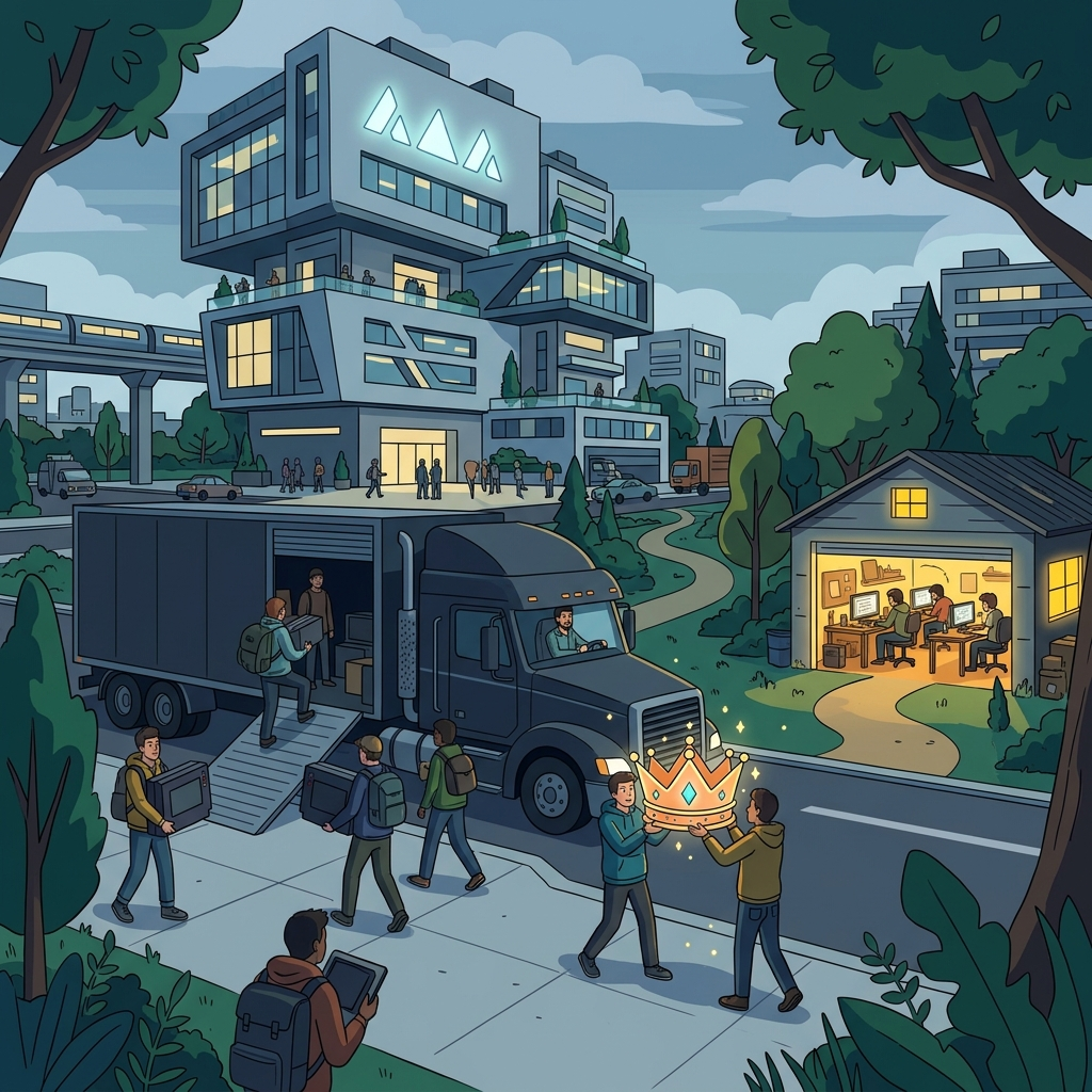 AI Generated Image - Developers loading a glowing golden crown trophy and game cartridges onto a moving truck outside a large modern AAA game studio building, while an indie game team works at computers in a small brightly-lit workshop garage in the background
