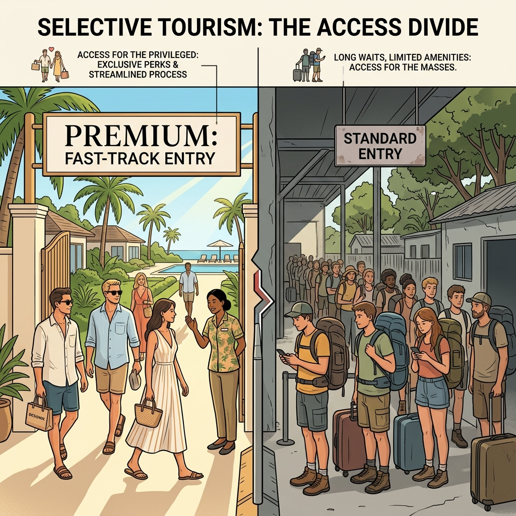 AI Generated Image - A scene depicting class division in tourism caused by 'quality tourism' policy at a tourist destination entrance. On the left, luxury resort guests in elegant attire comfortably pass through a bright, wide 'Premium' gate, while on the right, backpackers and digital nomads with large backpacks wait in a long queue at a narrow, dark 'Standard' gate.