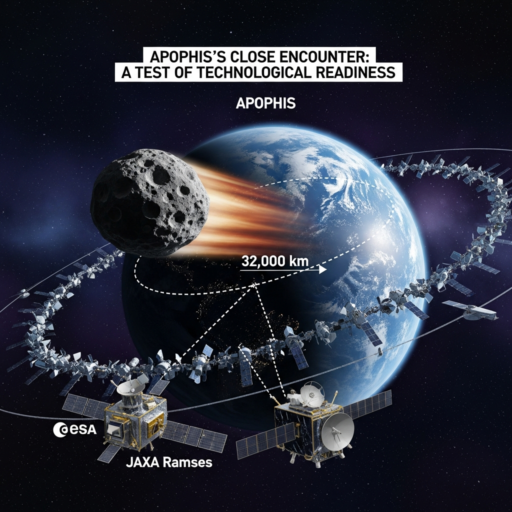 AI Generated Image - Scientific infographic illustration of asteroid Apophis passing Earth at 32,000 kilometers distance through geostationary orbit. ESA and JAXA Ramses spacecraft positioned for observation, with satellite ring depicted around Earth.