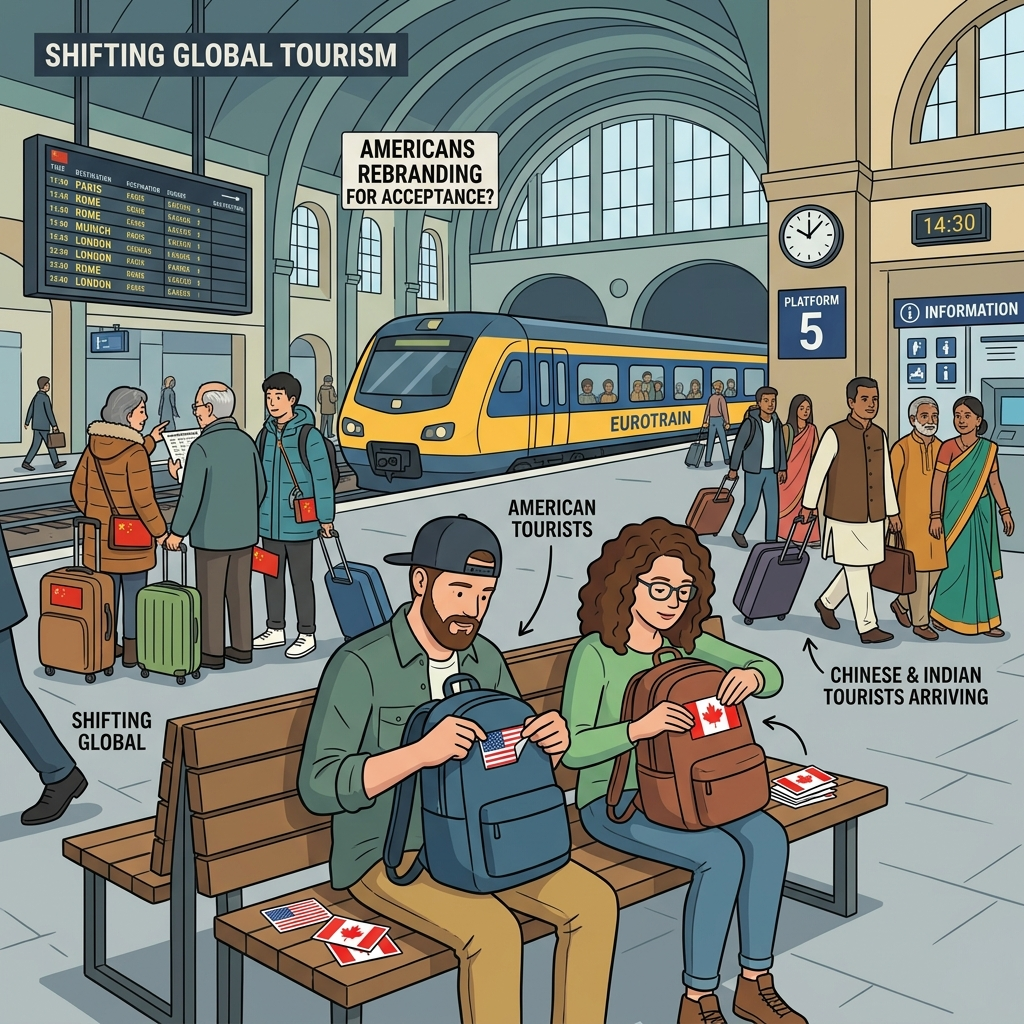 AI Generated Image - American tourists at a modern European train station peeling off US flag stickers from their backpacks and replacing them with Canadian flag decals. Chinese and Indian tourists with luggage are arriving in the station background, with a banner reading Shifting Global Tourism displayed above the scene.