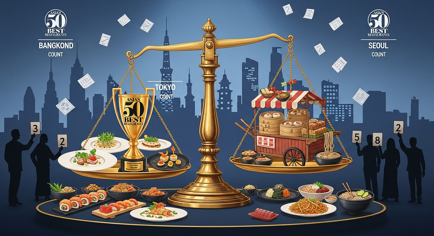 AI Generated Image - Asia's 50 Best Restaurants 2026 balance scale comparing fine dining trophy with street food cart, Bangkok Tokyo Seoul skylines