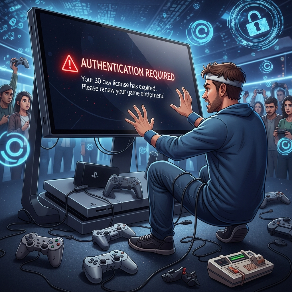 AI Generated Image - A gamer facing a PlayStation screen with a red 'Authentication Required' message displayed. Game controllers are scattered on the ground symbolizing lost digital ownership. Background shows digital lock icons and concerned gamers in a corporate digital marketplace environment.