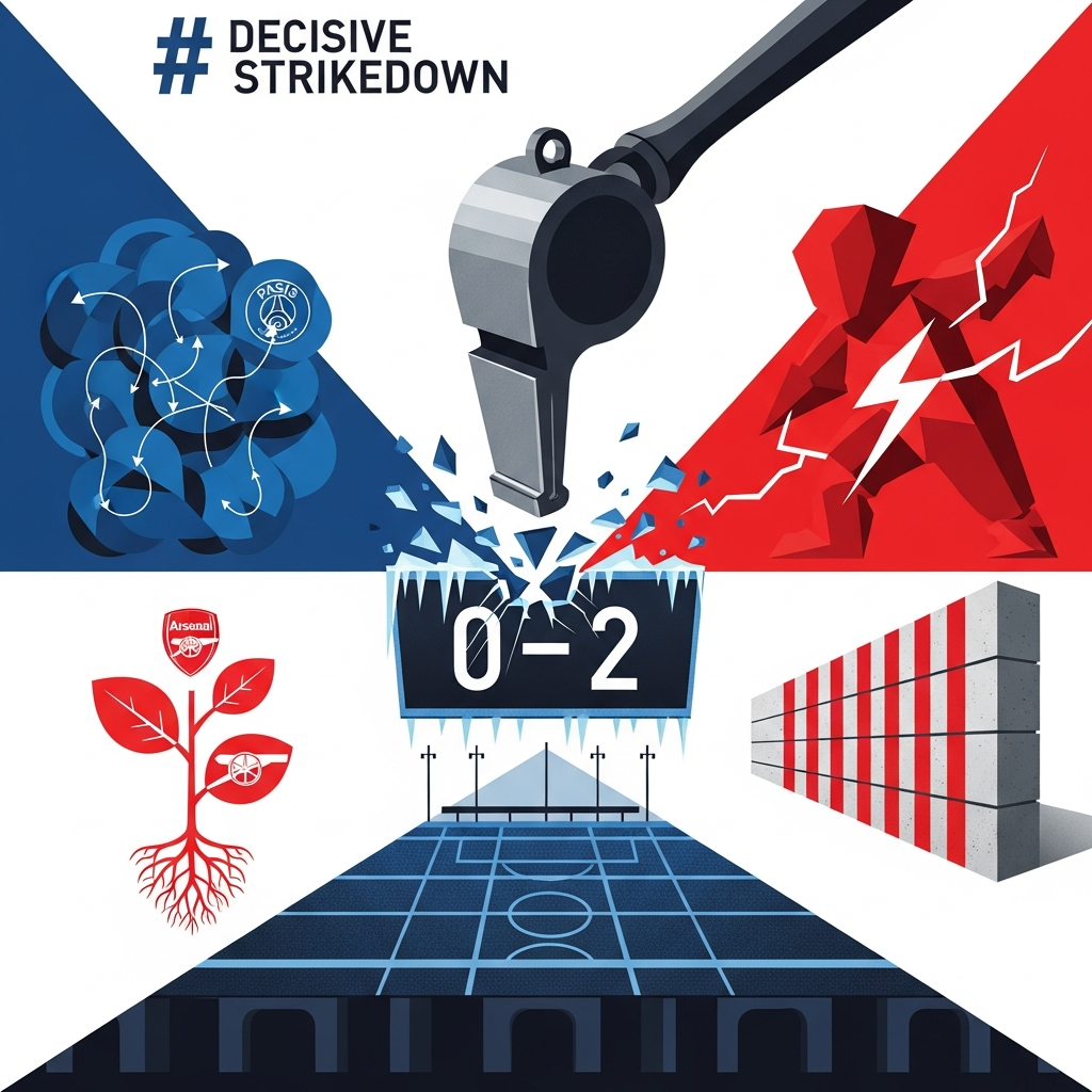 AI Generated Image - A digital illustration in editorial infographic style showing a referee whistle transformed into a giant hammer striking down and shattering a Camp Nou scoreboard frozen at 0-2, surrounded by four abstractly symbolic team representations: PSG in blue (collective press), Bayern Munich in red with lightning bolt (dramatic comeback), Arsenal in red-white seedling (youth rebuild), and Atlético Madrid in red-white stripes (defensive wall)