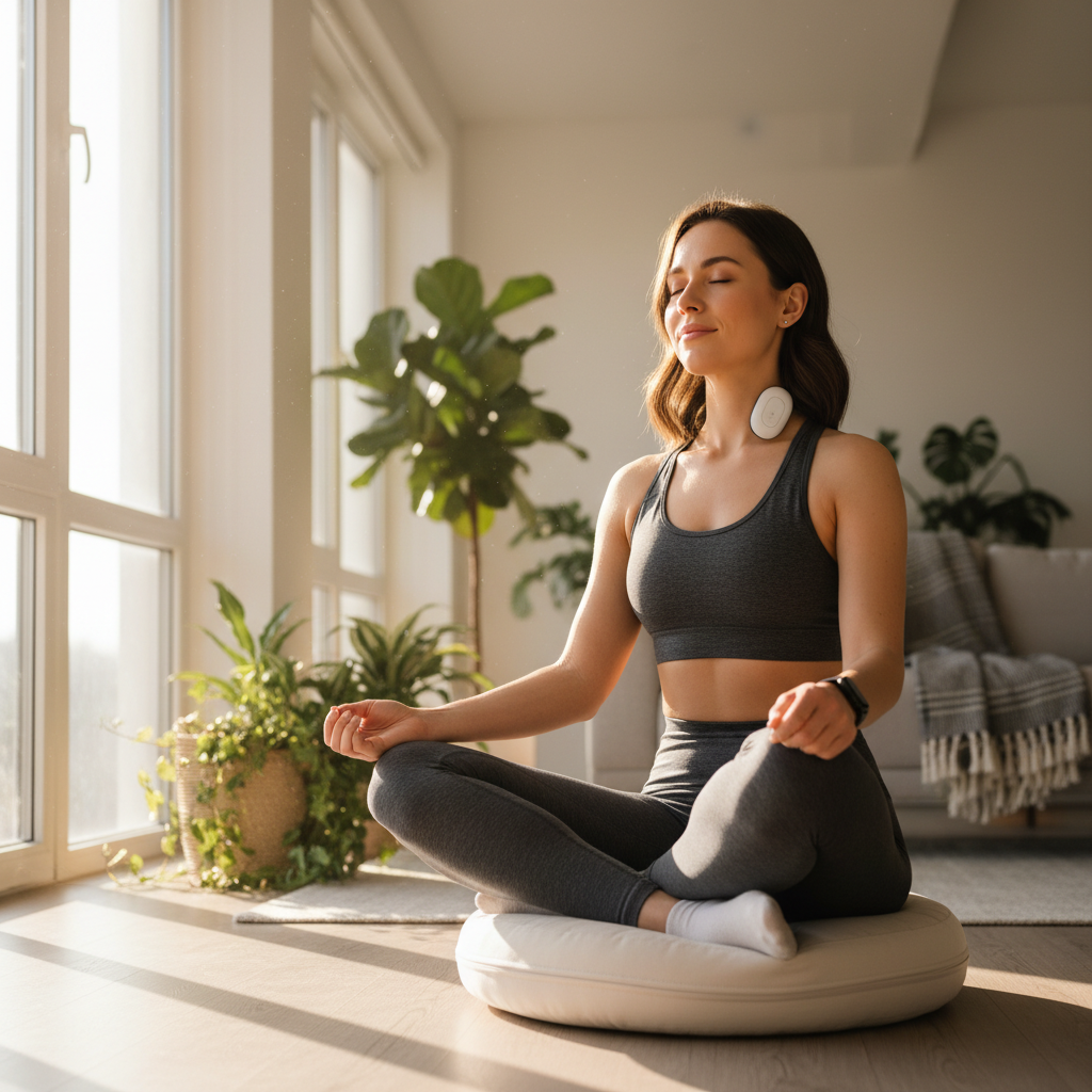 (AI-generated images)  Neurowellness - A woman wearing a vagus nerve stimulation device while meditating on a cushion for nervous system regulation