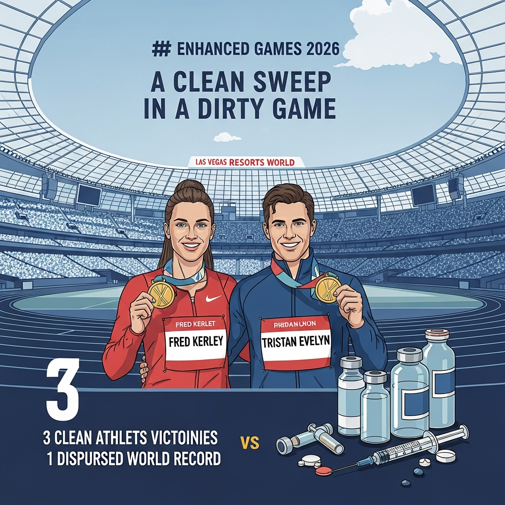 AI Generated Image - Clean athletes Fred Kerley and Tristan Evelyn winning gold medals against doped competitors in Enhanced Games 2026, depicted in editorial illustration style with Las Vegas stadium background, pharmaceutical vials and syringes in visual contrast, and infographic statistics showing '3 clean athlete victories vs 1 disputed world record'.