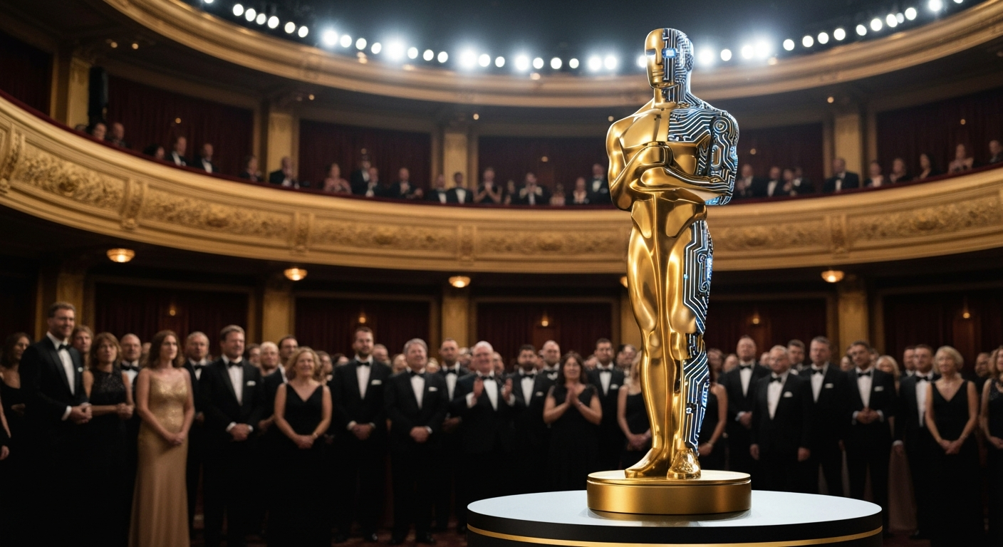 (AI-generated images) Oscar statuette symbolizing the duality of AI and human artistry at the 2026 Academy Awards - half traditional gold, half AI circuit pattern