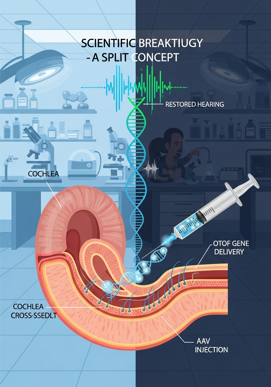 AI Generated Image - OTOF gene therapy injection into cochlea cross-section showing AAV viral vector delivery to inner ear hair cells with DNA helix and restored hearing indicators
