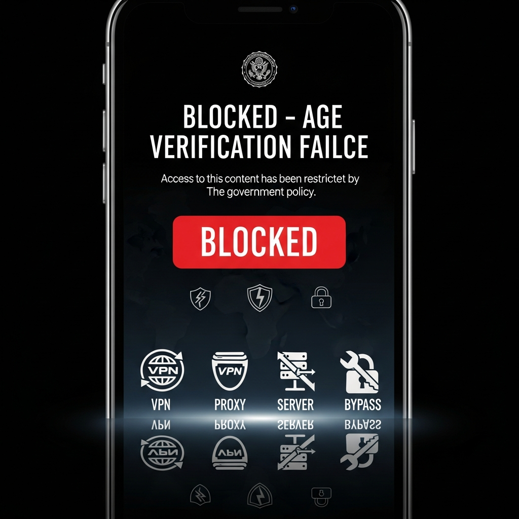 AI Generated Image - A teenager's smartphone screen displays a prominent red 'BLOCKED - Age Verification Failed' government notice at the top, with clearly labeled VPN, PROXY, REGEX, and BYPASS circumvention tool icons visible below it, powerfully visualizing the ironic contrast between government restriction and teen workaround reality.