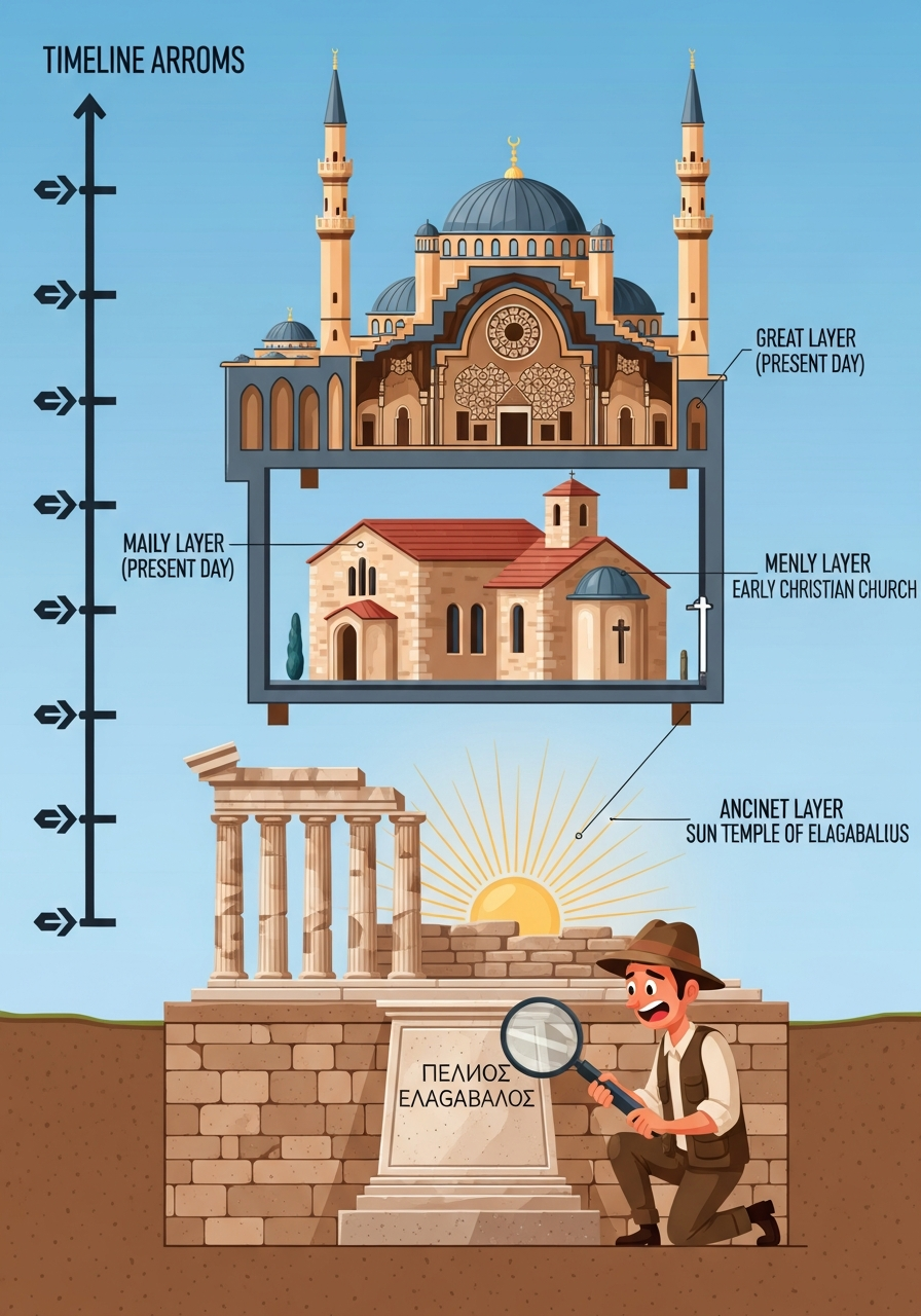 AI Generated Image - Editorial infographic illustration showing the layered architectural history of the Great Mosque of Homs in Syria, with Islamic mosque, Christian church, and Roman sun temple of Elagabalus stacked vertically, and an archaeologist examining a Greek inscription pedestal