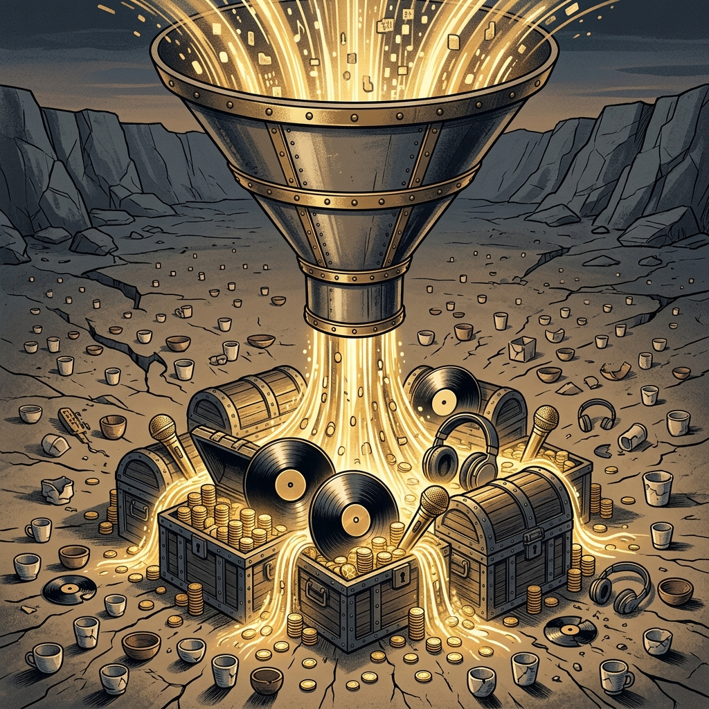 AI Generated Image - A massive funnel channels golden light downward into large treasure chests at the center, while countless tiny empty cups and containers are scattered around the landscape. Vinyl records and headphones are positioned at disproportionate scales, metaphorically illustrating inequality in music industry revenue distribution.
