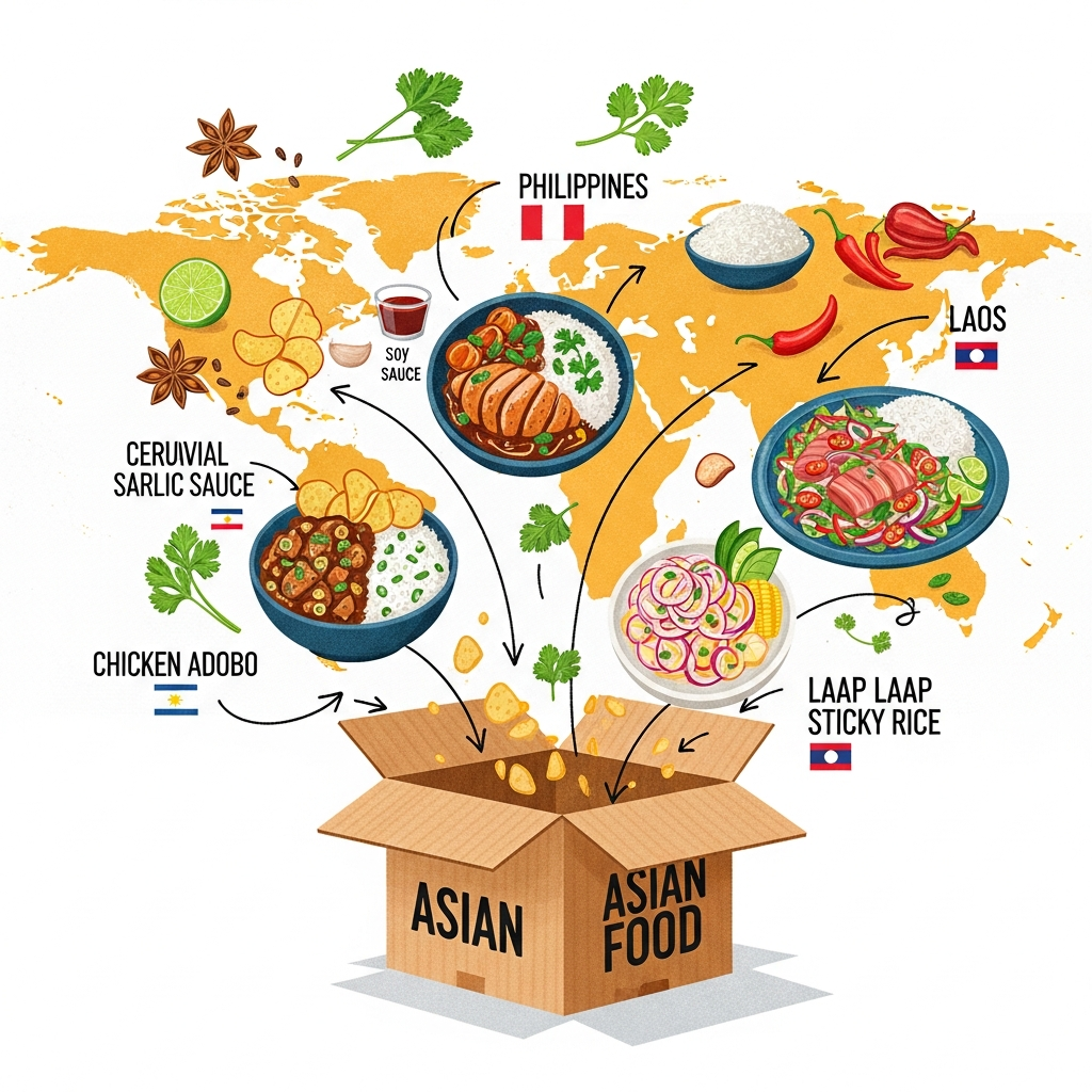 AI Generated Image — Filipino adobo, Peruvian ceviche, Laotian laap spreading across a world map, breaking free from 'Asian Food' label box, editorial illustration