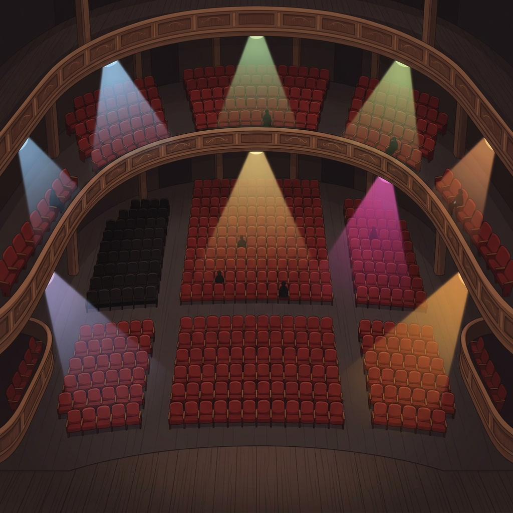 AI Generated Image - Overhead view of concert hall seating, seat blocks illuminated by different colored spotlights, one section left completely dark