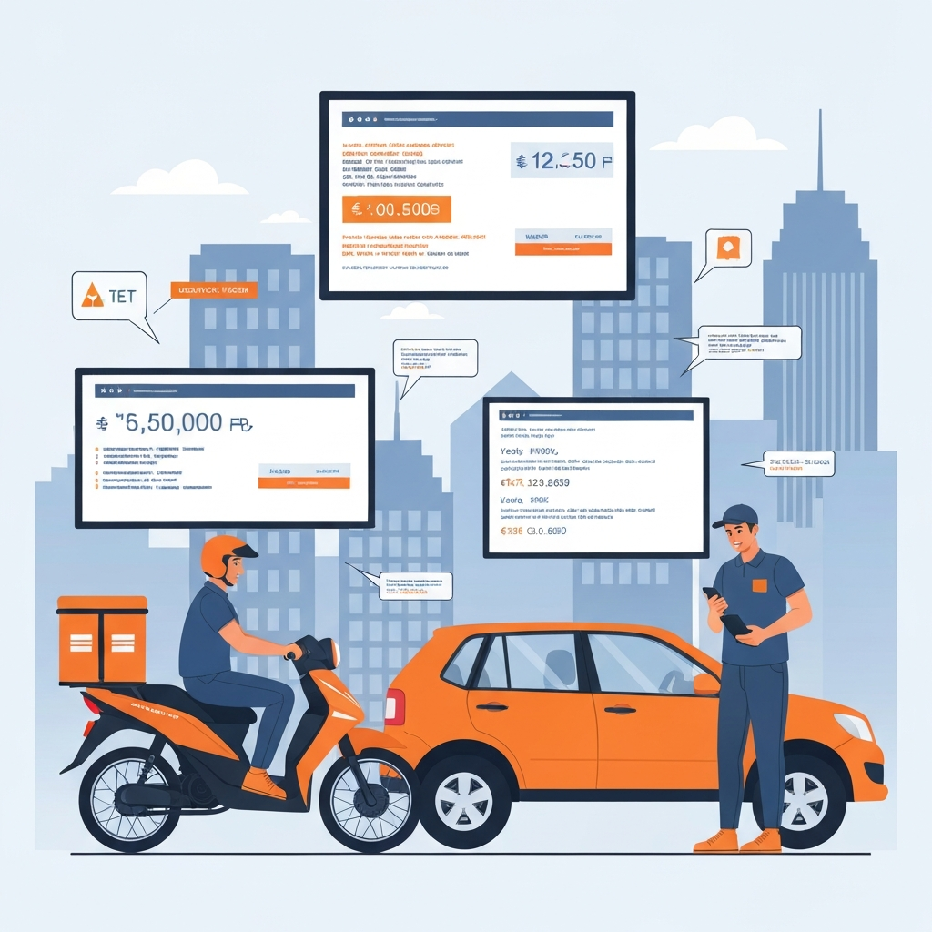AI Generated Image — Platform gig workers including a delivery rider and rideshare driver being managed by floating digital screens displaying wage calculations and algorithm code streams against an urban city background. An editorial infographic-style flat vector illustration visualizing the core contradiction of platform labor management.