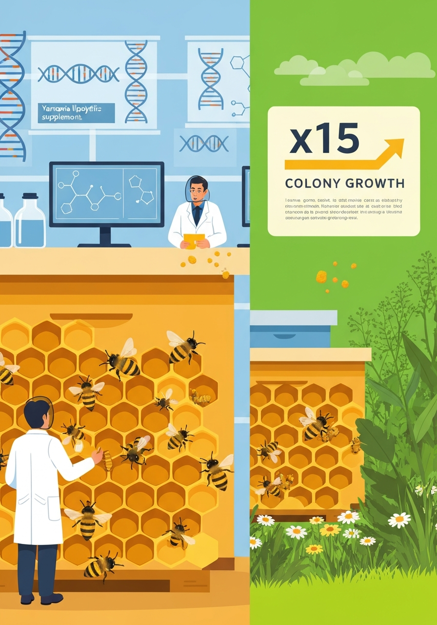 AI Generated Image - CRISPR gene-edited Yarrowia lipolytica yeast supplements boosting honeybee colony growth x15 in biotechnology laboratory and apiary illustration