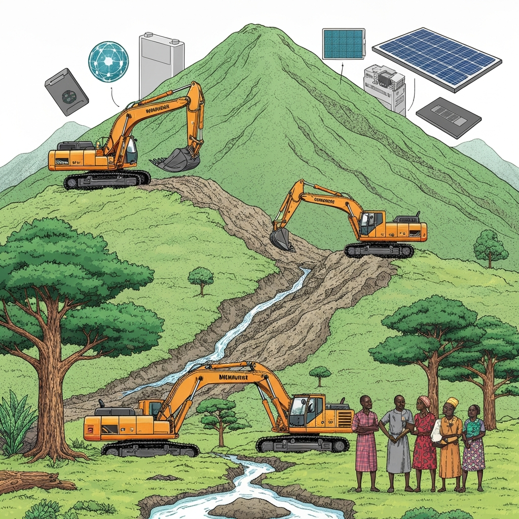 AI Generated Image - Malawi's Mount Mulanje under mining excavation threat, with traditionally-dressed villagers and chiefs blocking the mountain entrance, water sources and endangered cedar trees highlighted, alongside EV battery and solar panel symbols representing global supply chain demands.